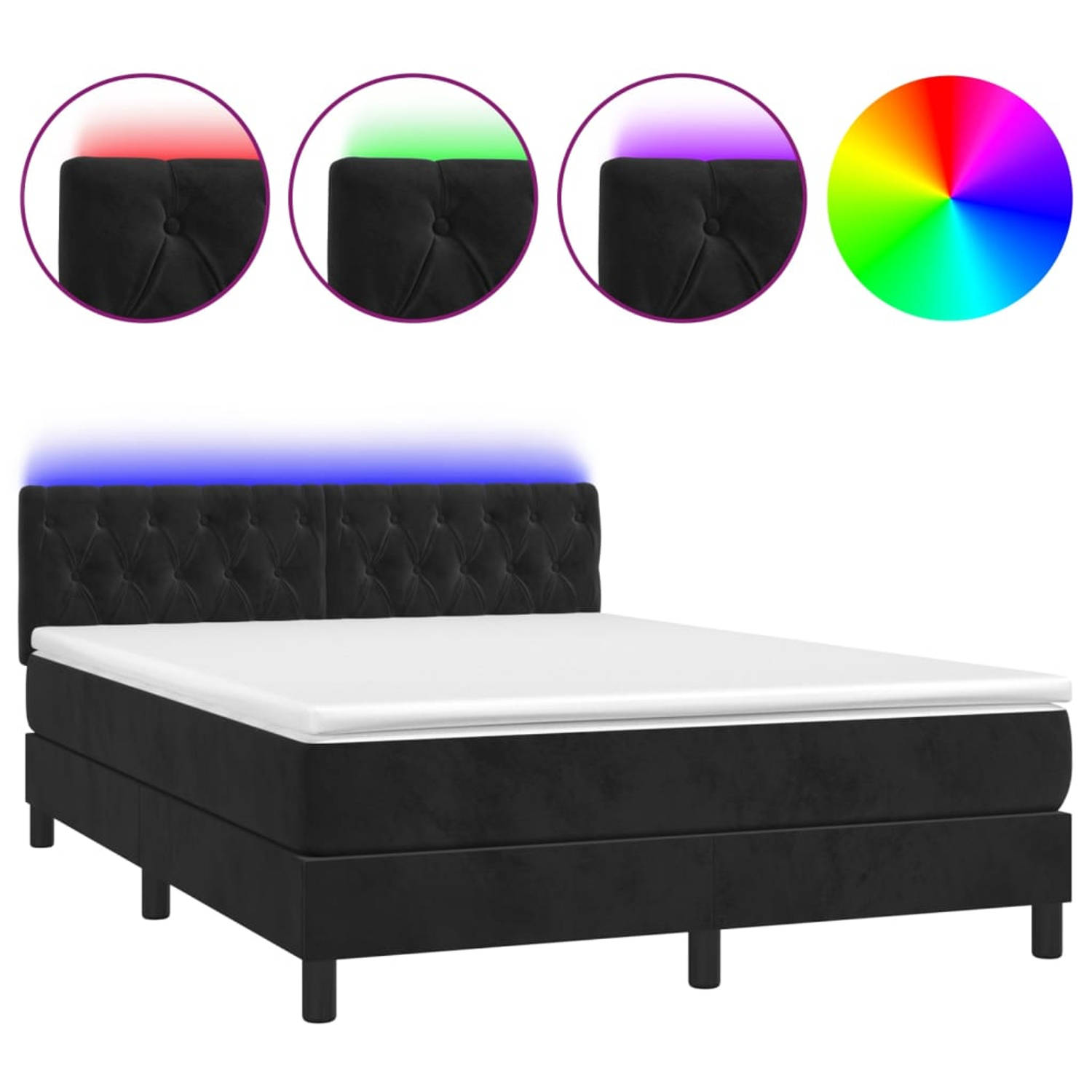 The Living Store Boxspring met matras en LED fluweel zwart 140x200 cm - Bed
