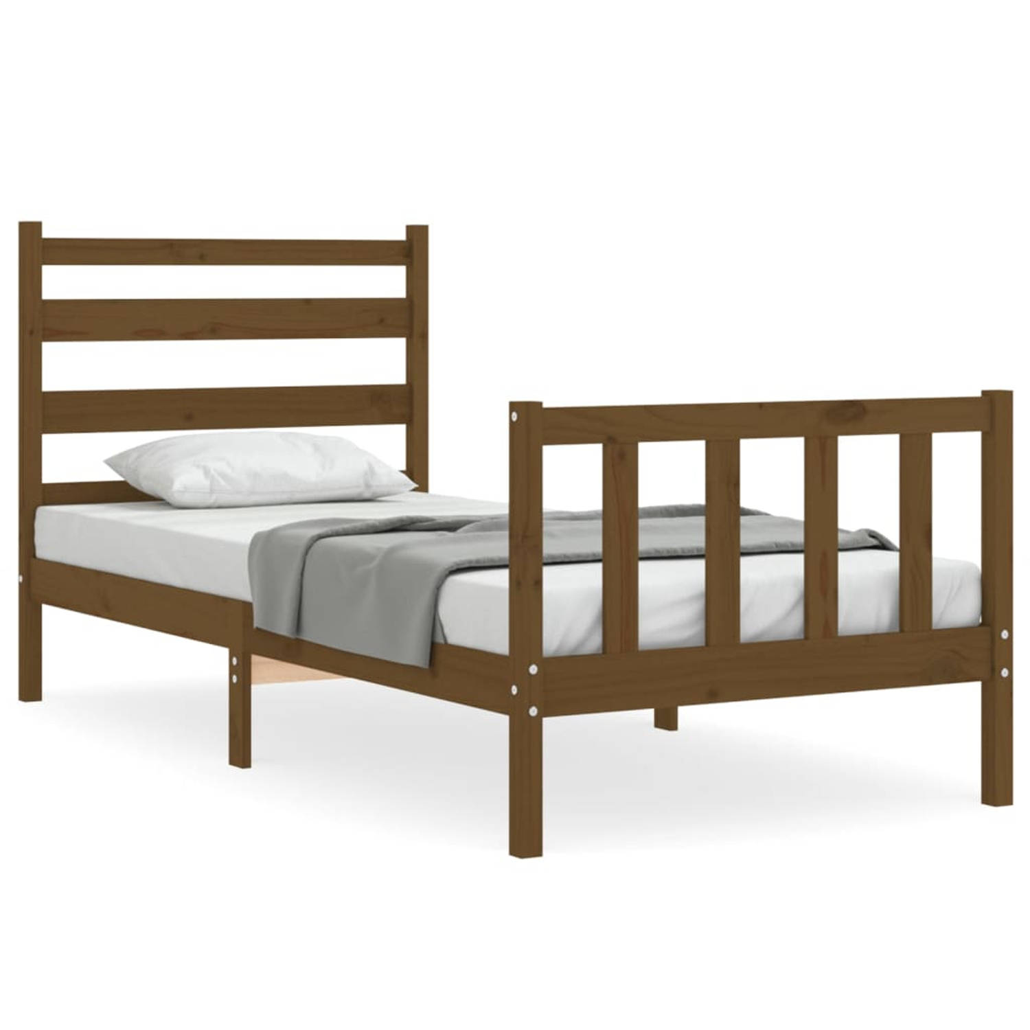 The Living Store Bedframe met hoofdbord massief hout honingbruin 90x200 cm - Bedframe - Bedframes - Bed - Eenpersoonsbed - Slaapkamermeubel - Houten Bedframe - Houten Bed - Bedbode