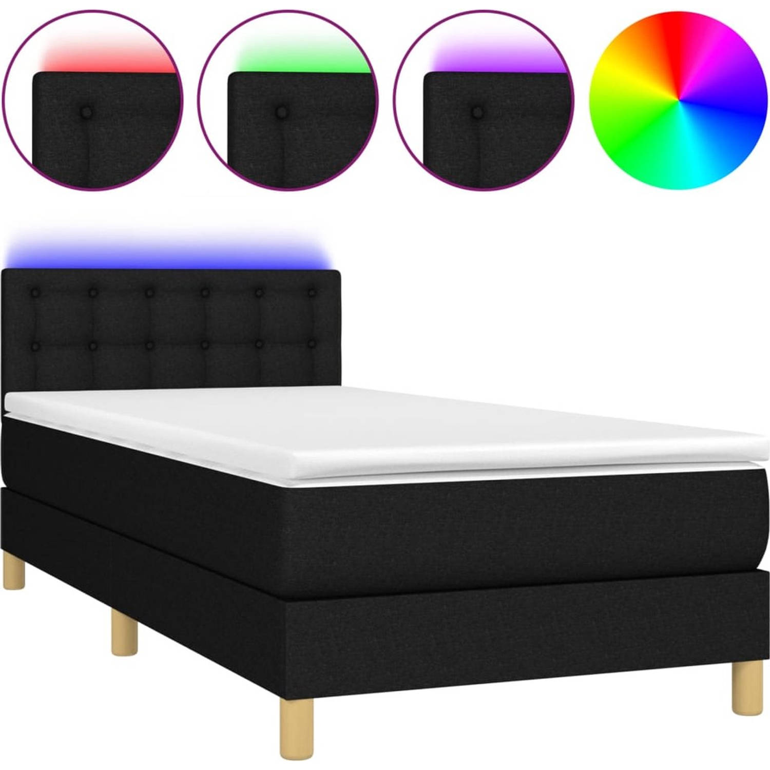 The Living Store Boxspring Bed - Zwart - 203x80x78/88 cm - Met verstelbaar hoofdbord - Kleurrijke LED-verlichting - Pocketvering matras - Huidvriendelijk topmatras - Inclusief LED-
