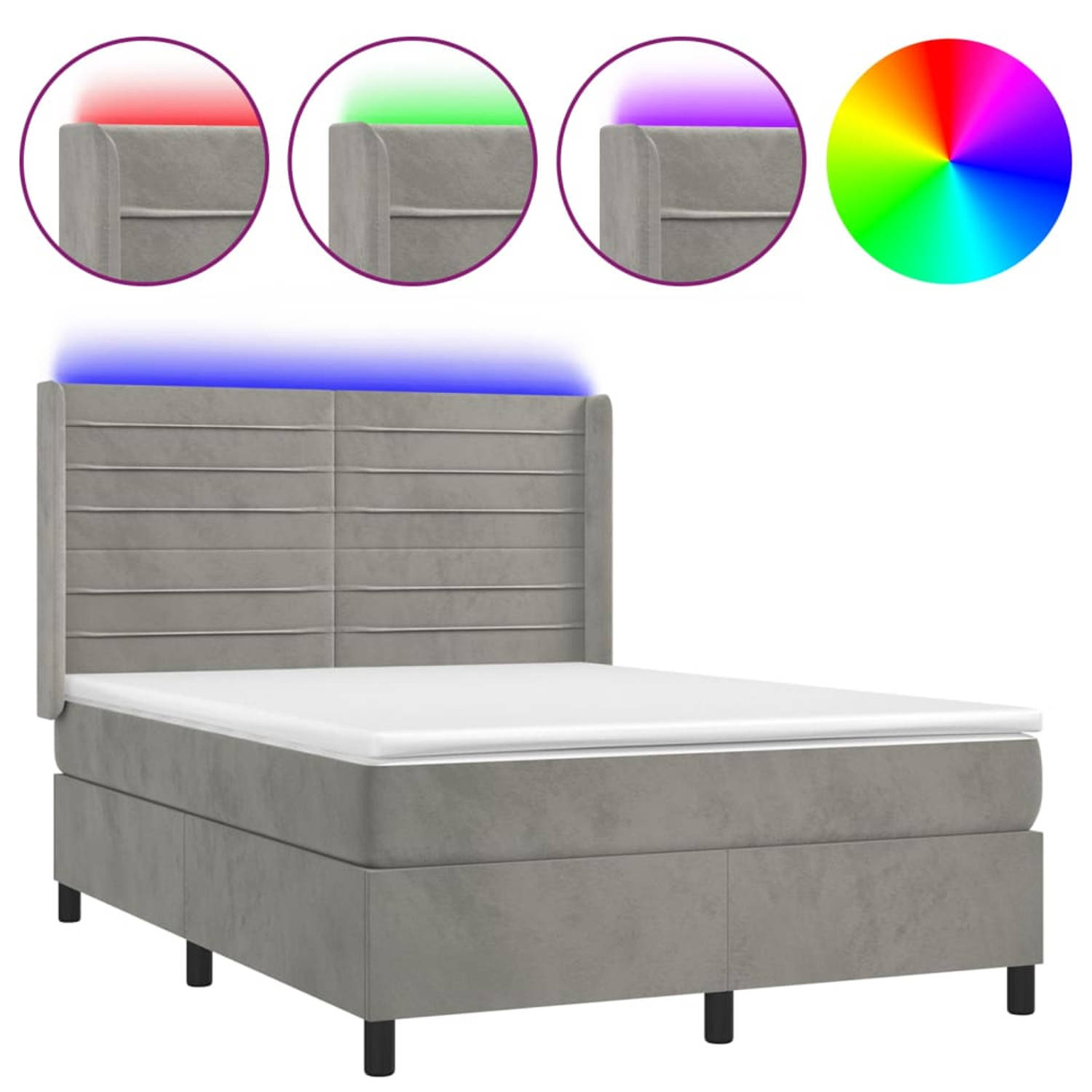 The Living Store Boxspring met matras en LED fluweel lichtgrijs 140x200 cm - Bed