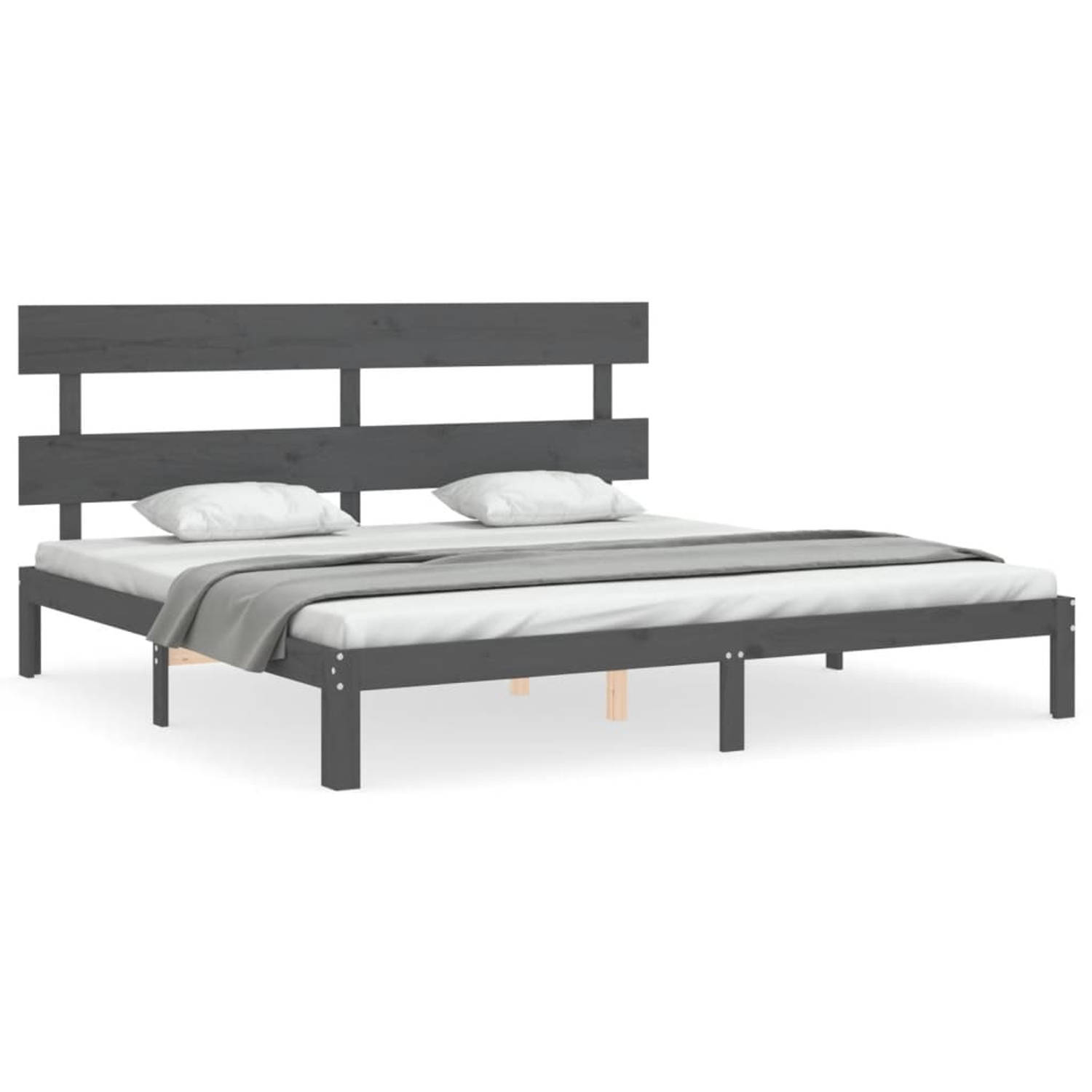 The Living Store Bedframe met hoofdbord massief hout grijs 6FT Super King - Bed