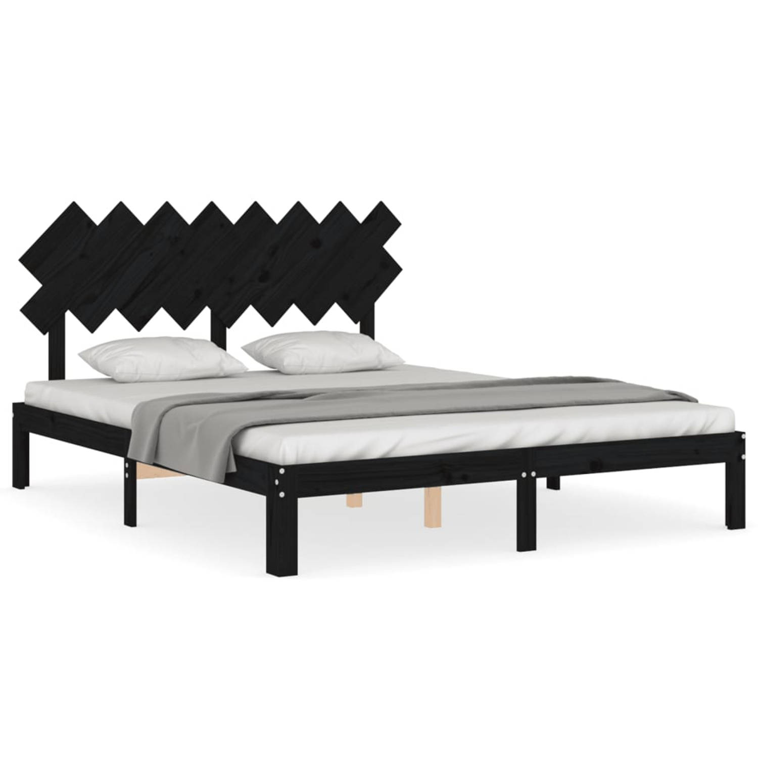 The Living Store Bedframe met hoofdbord massief hout zwart 160x200 cm - Bed