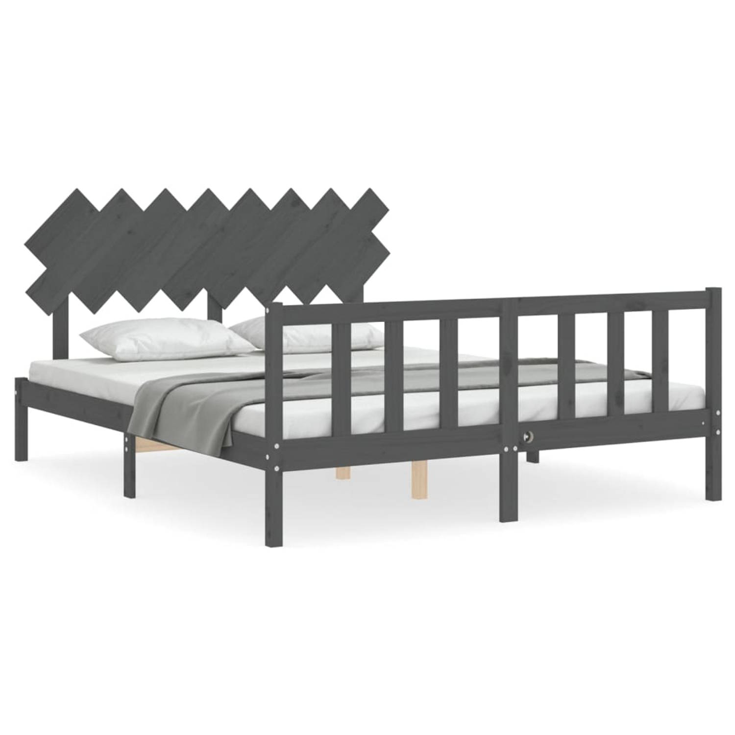 The Living Store Bedframe met hoofdbord massief hout grijs 160x200 cm - Bedframe - Bedframes - Bed - Tweepersoonsbed - Slaapkamermeubel - Houten Bedframe - Houten Bed - Bedbodem -