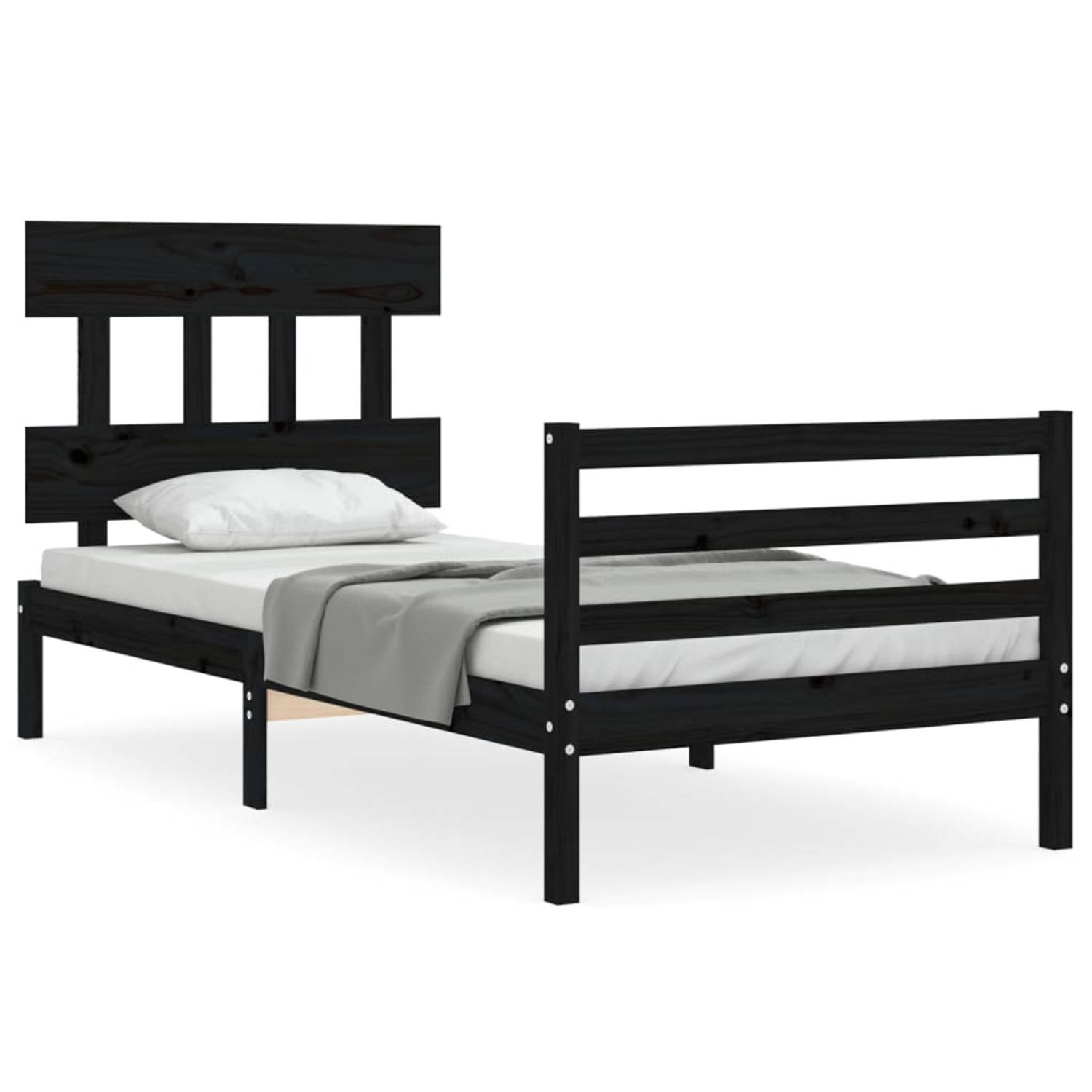 The Living Store Bedframe met hoofdbord massief hout zwart 100x200 cm - Bedframe - Bedframes - Bed - Eenpersoonsbed - Slaapkamermeubel - Houten Bedframe - Houten Bed - Bedbodem - M