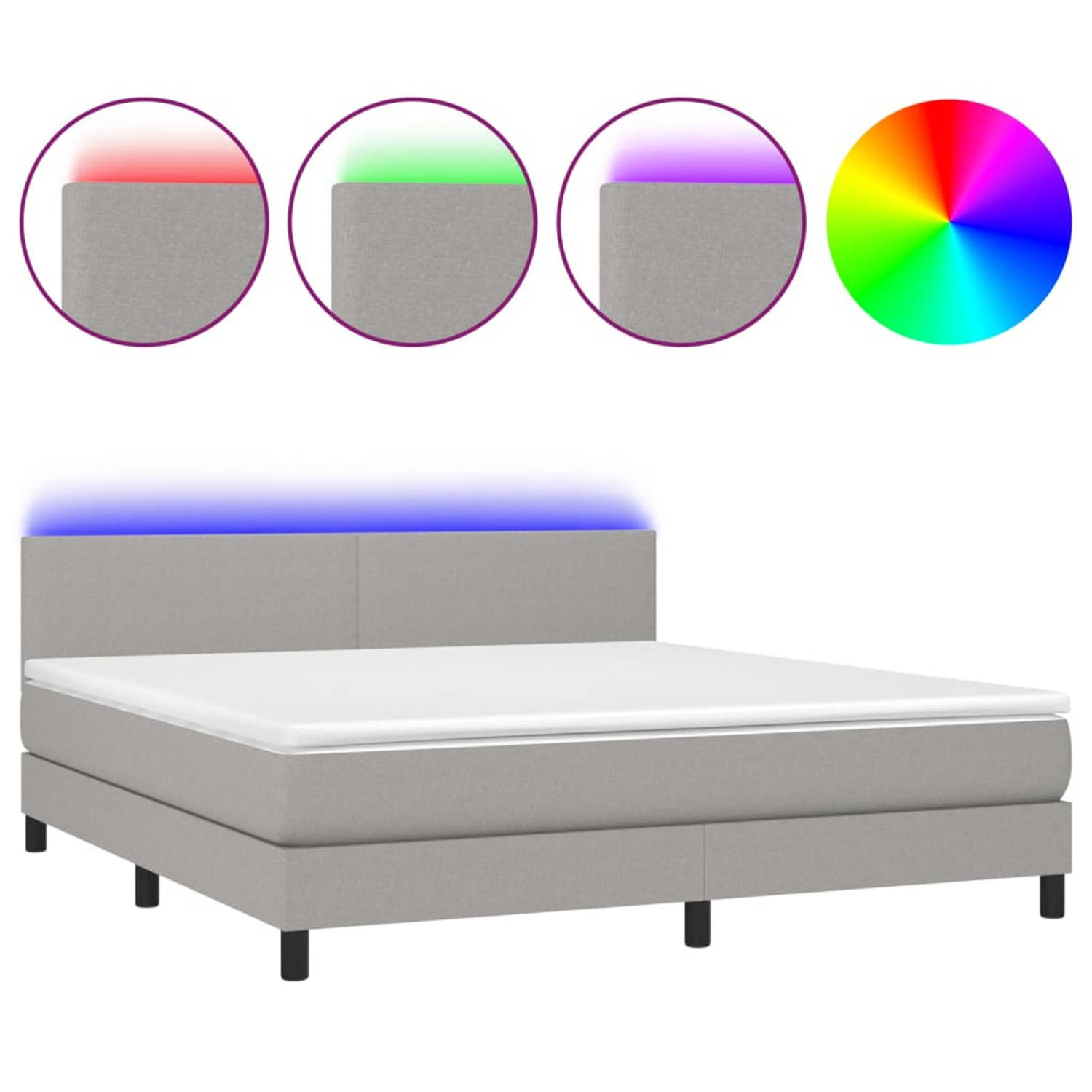 The Living Store Boxspring Bed - LED - Stof - Verstelbaar Hoofdbord - Pocketvering Matras - Huidvriendelijk Topmatras - Lichtgrijs - 203x180x78/88cm