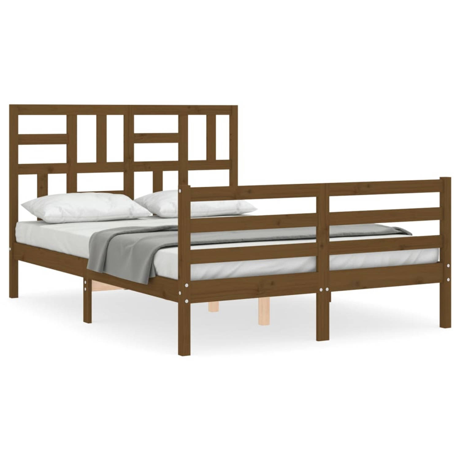 The Living Store Bedframe met hoofdbord massief hout honingbruin 120x200 cm - Bedframe - Bedframes - Bed - Tweepersoonsbed - Slaapkamermeubel - Houten Bedframe - Houten Bed - Bedbo