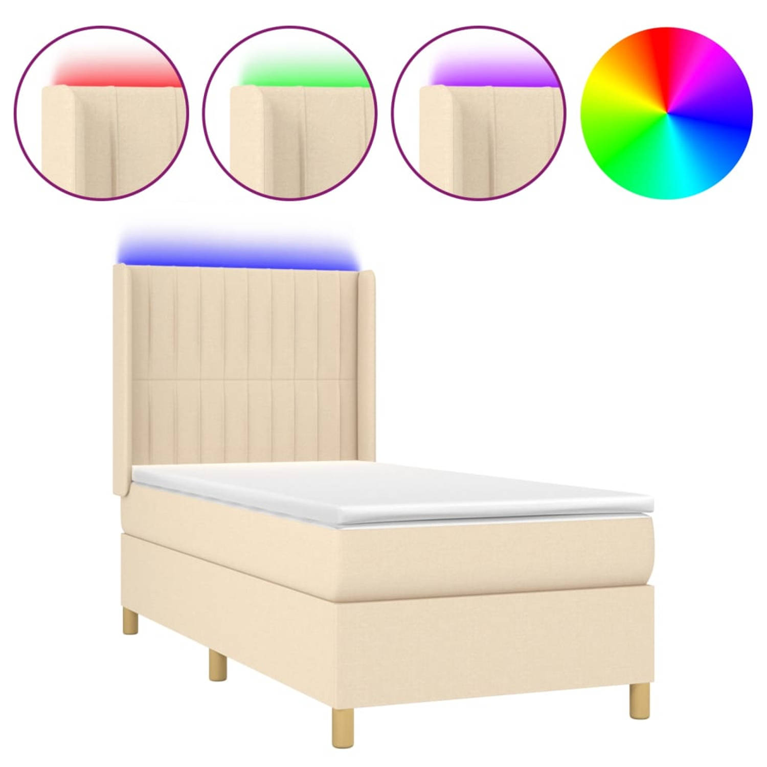 The Living Store Boxspring Crème - Bedframe met Verstelbaar Hoofdbord - Pocketvering Matras - Huidvriendelijk Topmatras - Kleurrijke LED-verlichting