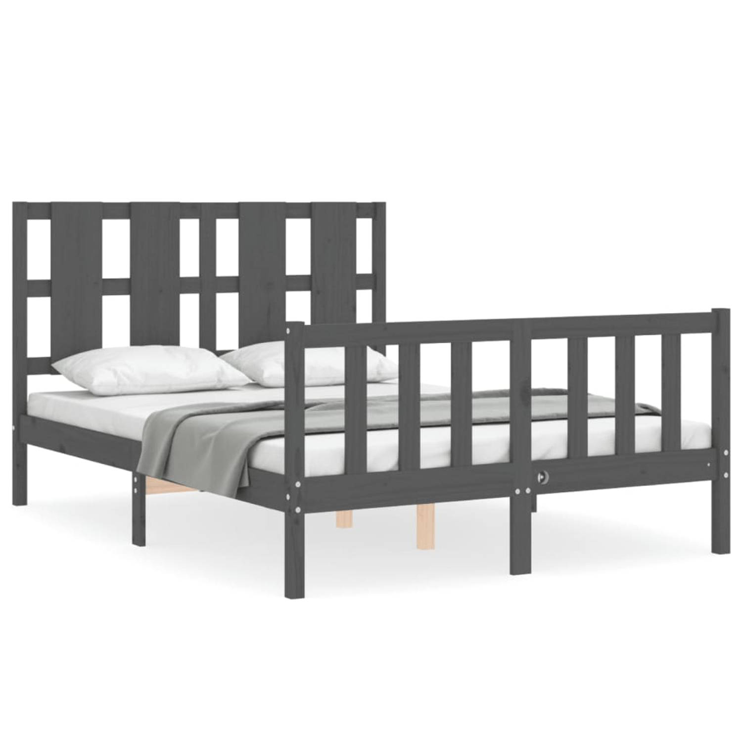 The Living Store Bedframe met hoofdbord massief hout grijs 120x200 cm - Bedframe - Bedframes - Bed - Tweepersoonsbed - Slaapkamermeubel - Houten Bedframe - Houten Bed - Bedbodem -