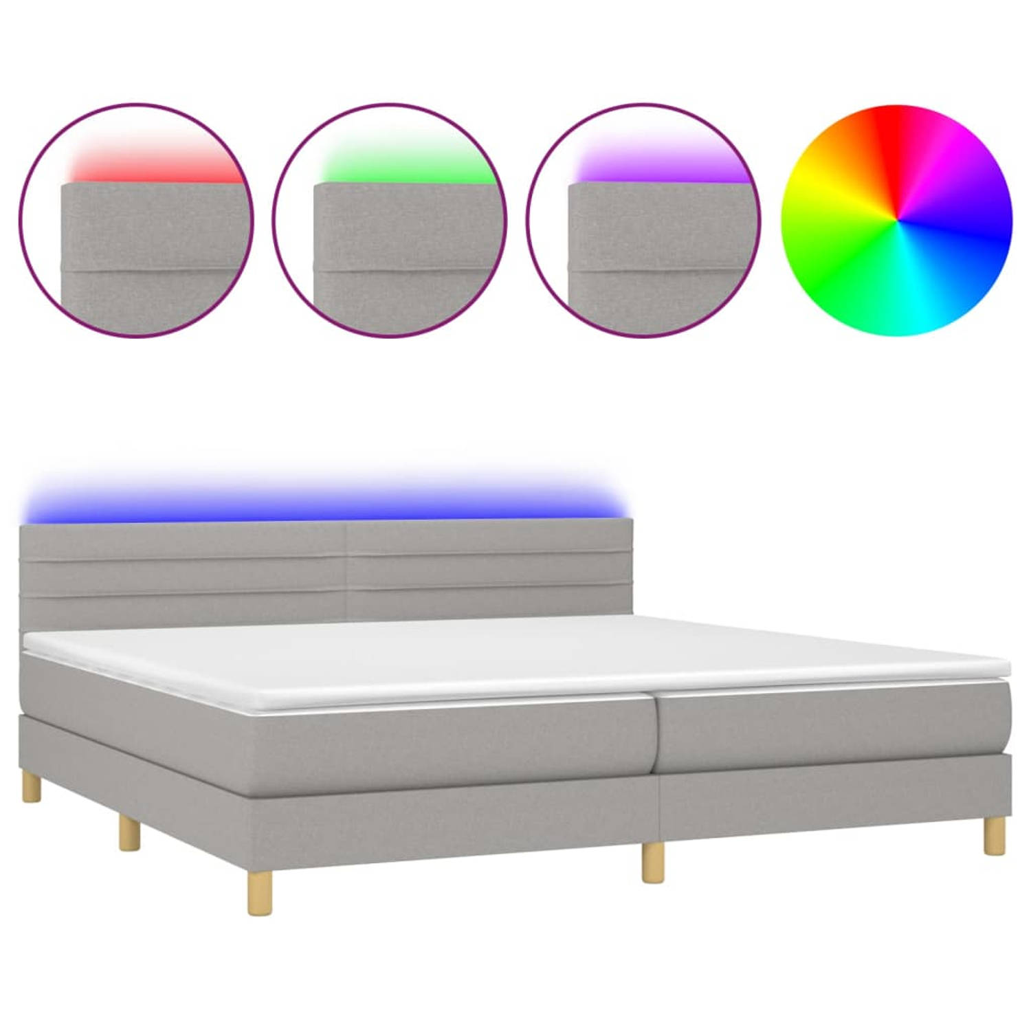The Living Store Boxspring Bed - Kleur- lichtgrijs - Afmetingen- 203 x 200 x 78/88 cm - LED-verlichting - Pocketvering matras - Huidvriendelijk topmatras