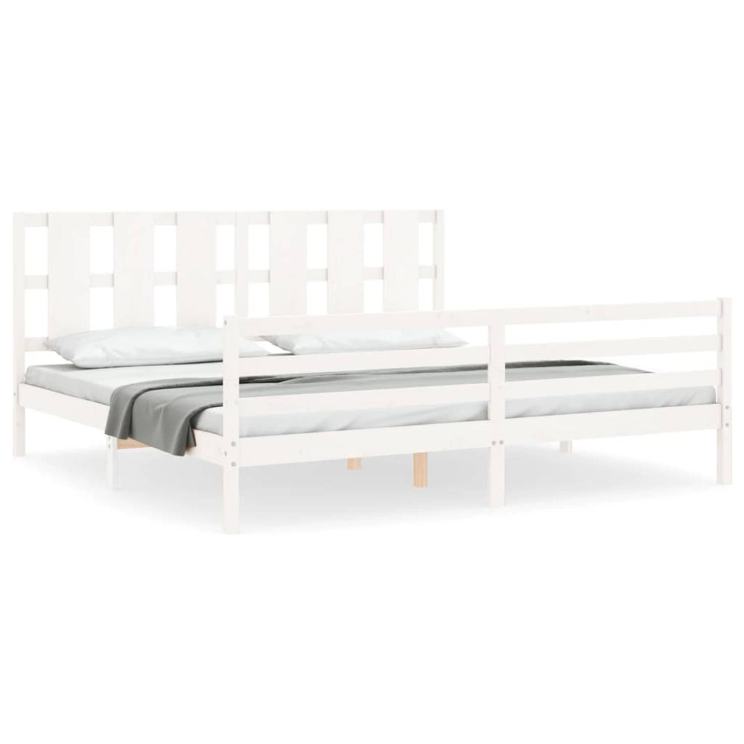 The Living Store Bedframe met hoofdbord massief hout wit 200x200 cm - Bedframe - Bedframes - Bed - Tweepersoonsbed - Slaapkamermeubel - Houten Bedframe - Houten Bed - Bedbodem - Ma