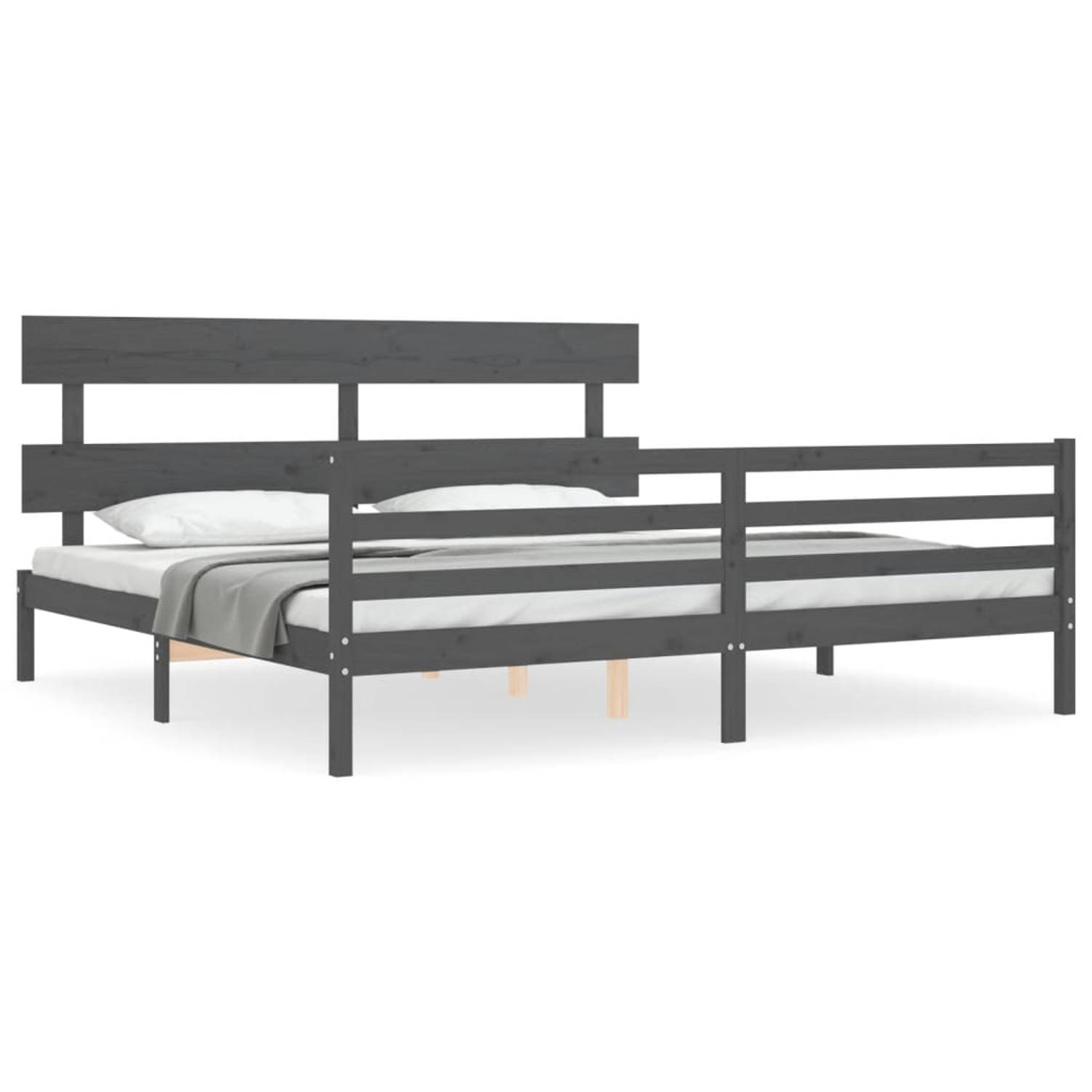 The Living Store Bedframe met hoofdbord massief hout grijs 6FT Super King - Bedframe - Bedframes - Bed - Tweepersoonsbed - Slaapkamermeubel - Houten Bedframe - Houten Bed - Bedbode