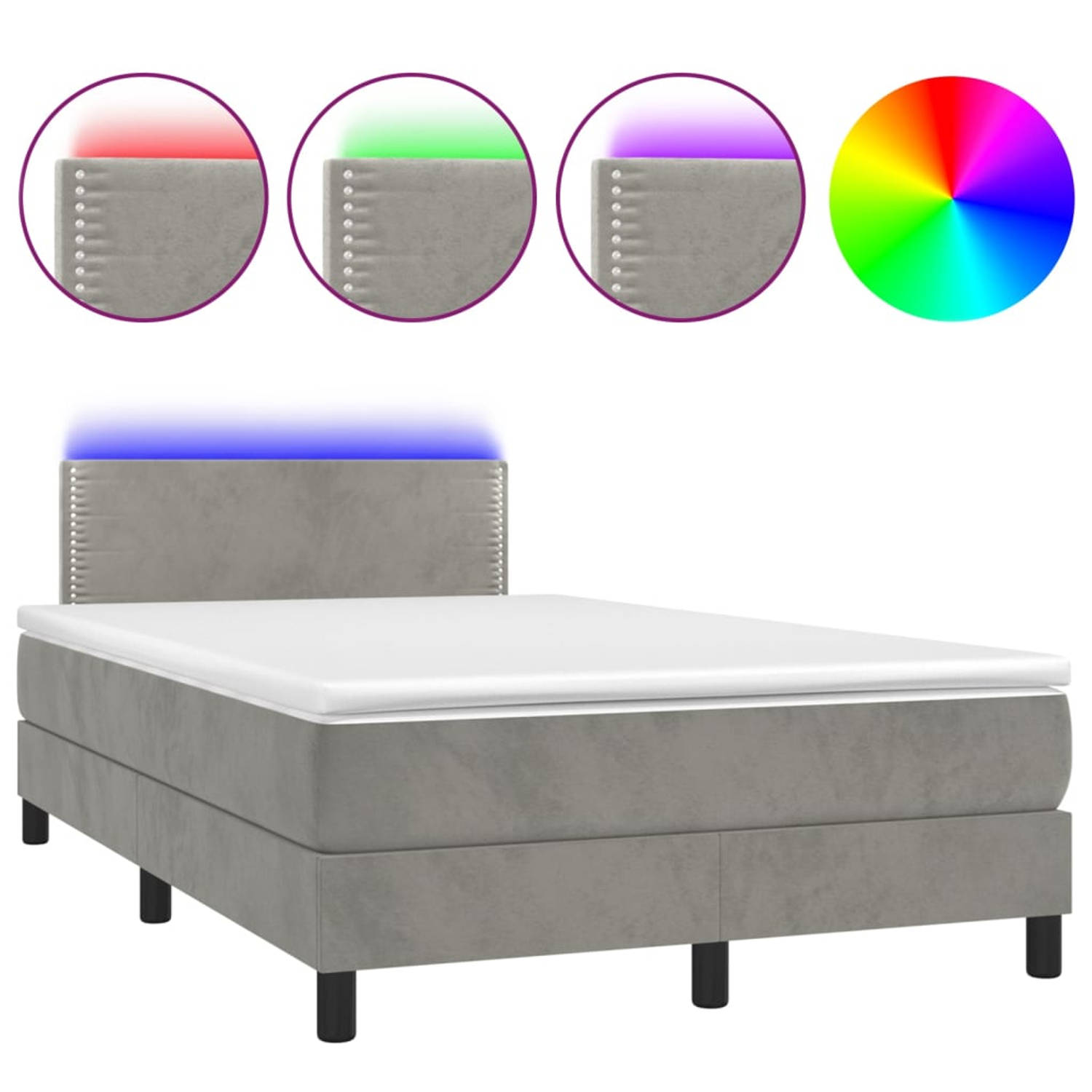 The Living Store Boxspring met matras en LED fluweel lichtgrijs 120x200 cm - Bed