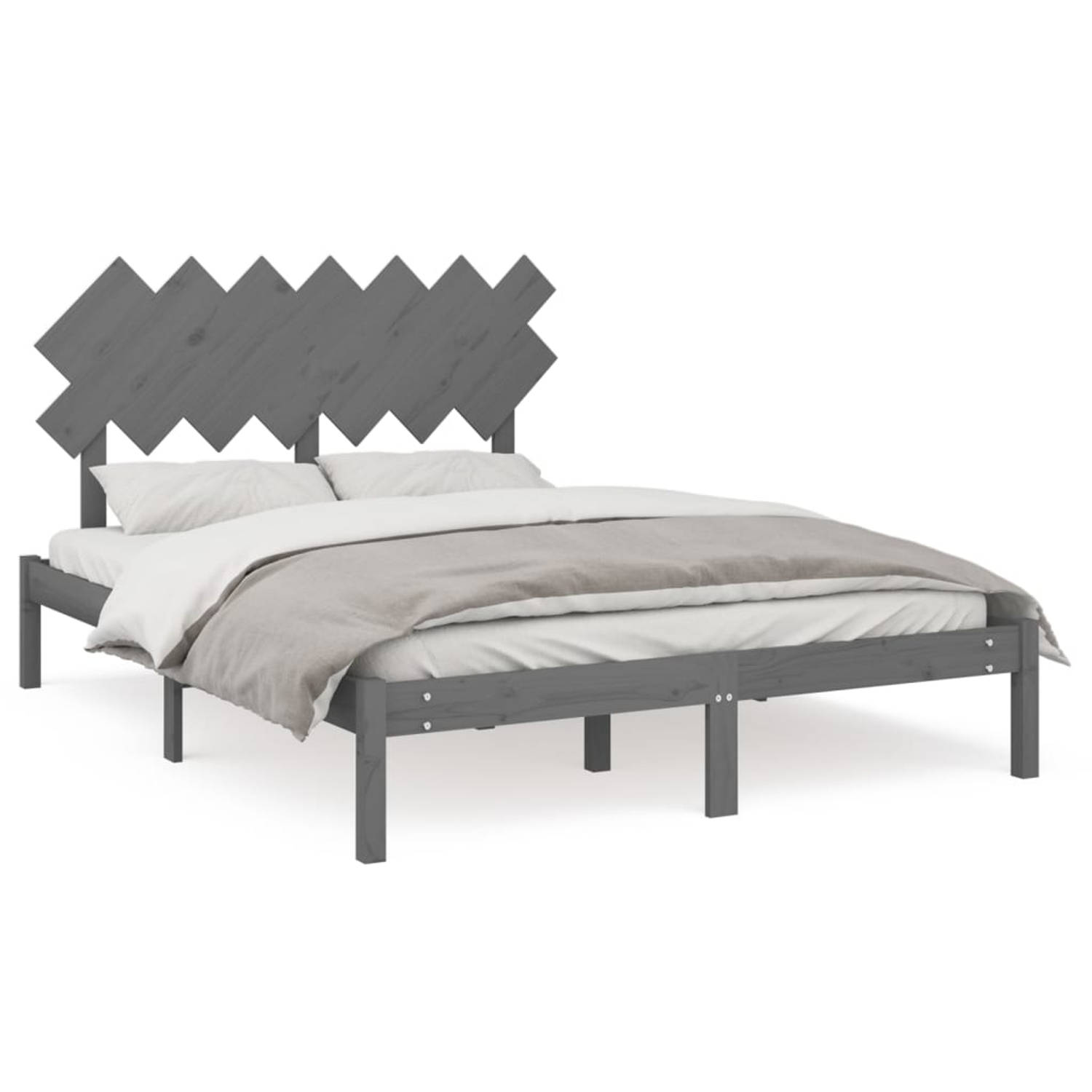 The Living Store Bedframe massief hout grijs 150x200 cm 5FT King Size - Bedframe - Bedframes - Bed - Bedbodem - Ledikant - Bed Frame - Massief Houten Bedframe - Slaapmeubel - Tweep