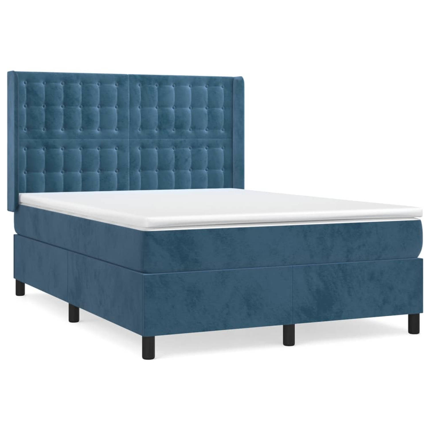 The Living Store Boxspringbed - Fluweel - Donkerblauw - 203 x 147 x 118/128 cm - Pocketvering - Middelhard