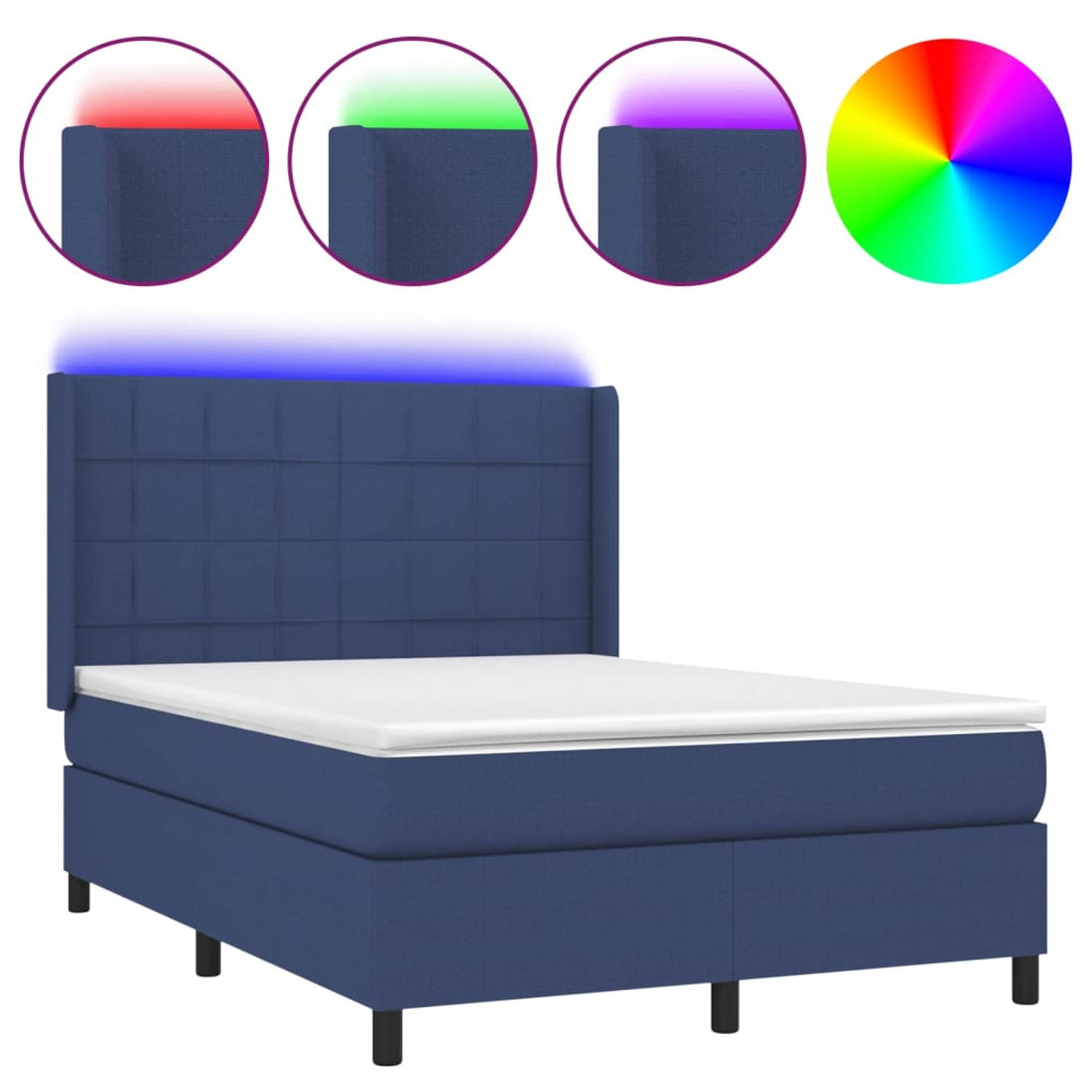 The Living Store Boxspring Slaapkamer - 203 x 147 x 118/128 cm - Blauw - Inclusief Matras en LED