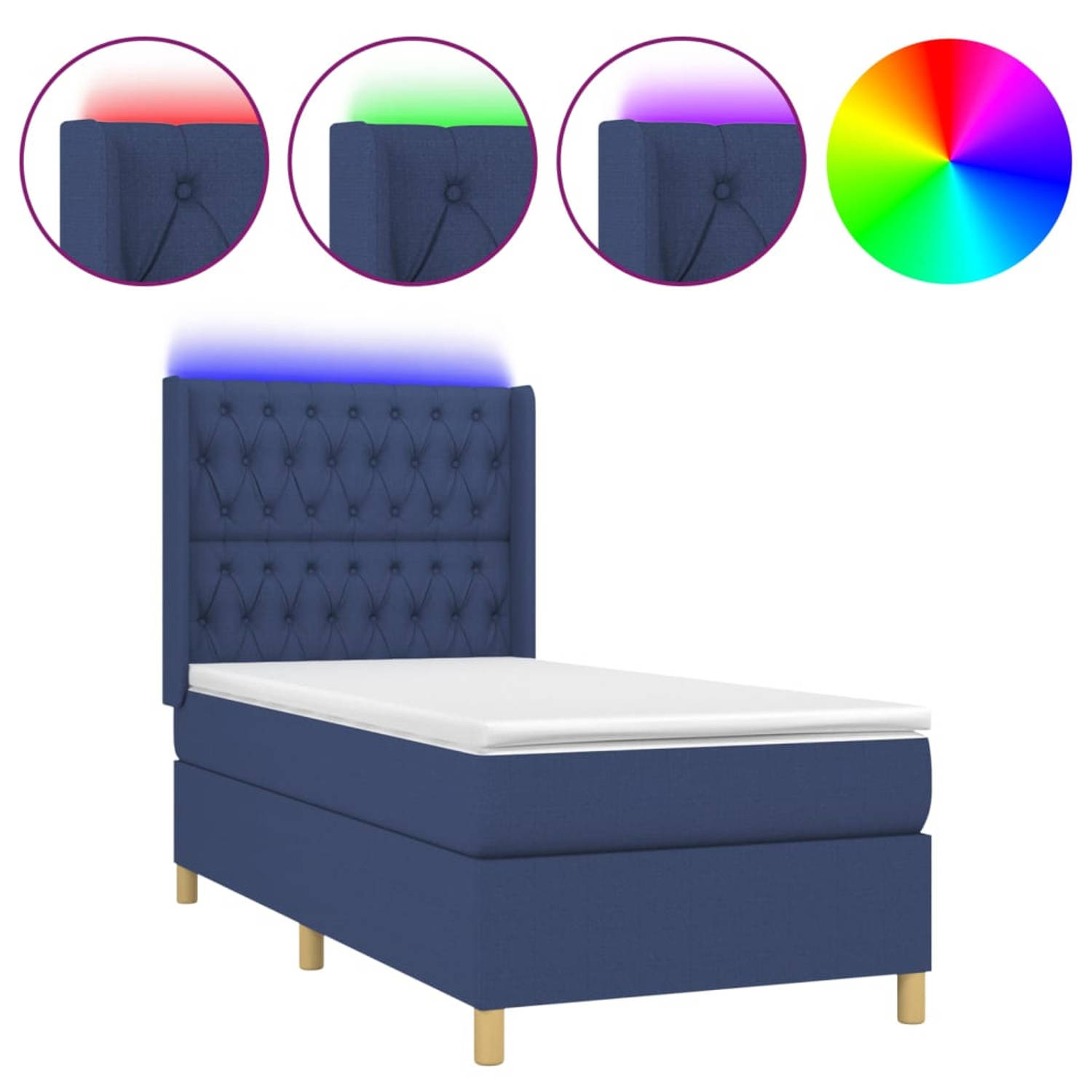 The Living Store Boxspring - Blauw - 203 x 83 x 118/128 cm - Verstelbaar hoofdbord - Pocketvering matras - Huidvriendelijk topmatras - Kleurrijke LED-verlichting - Inclusief montag