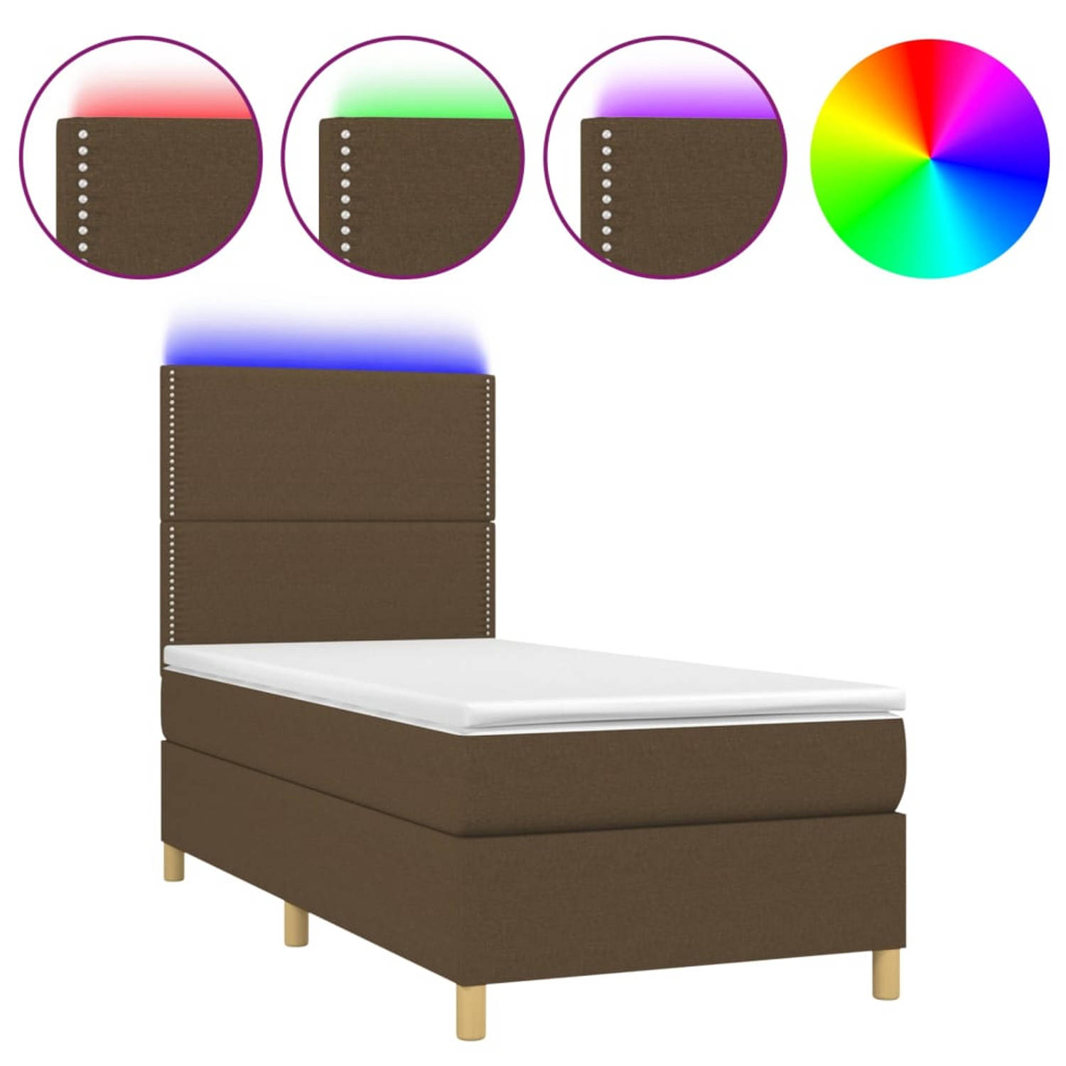 The Living Store Bed Met Matras En LED - Donkerbruin - 193x90x118/128 cm - Pocketvering - Huidvriendelijk topmatras