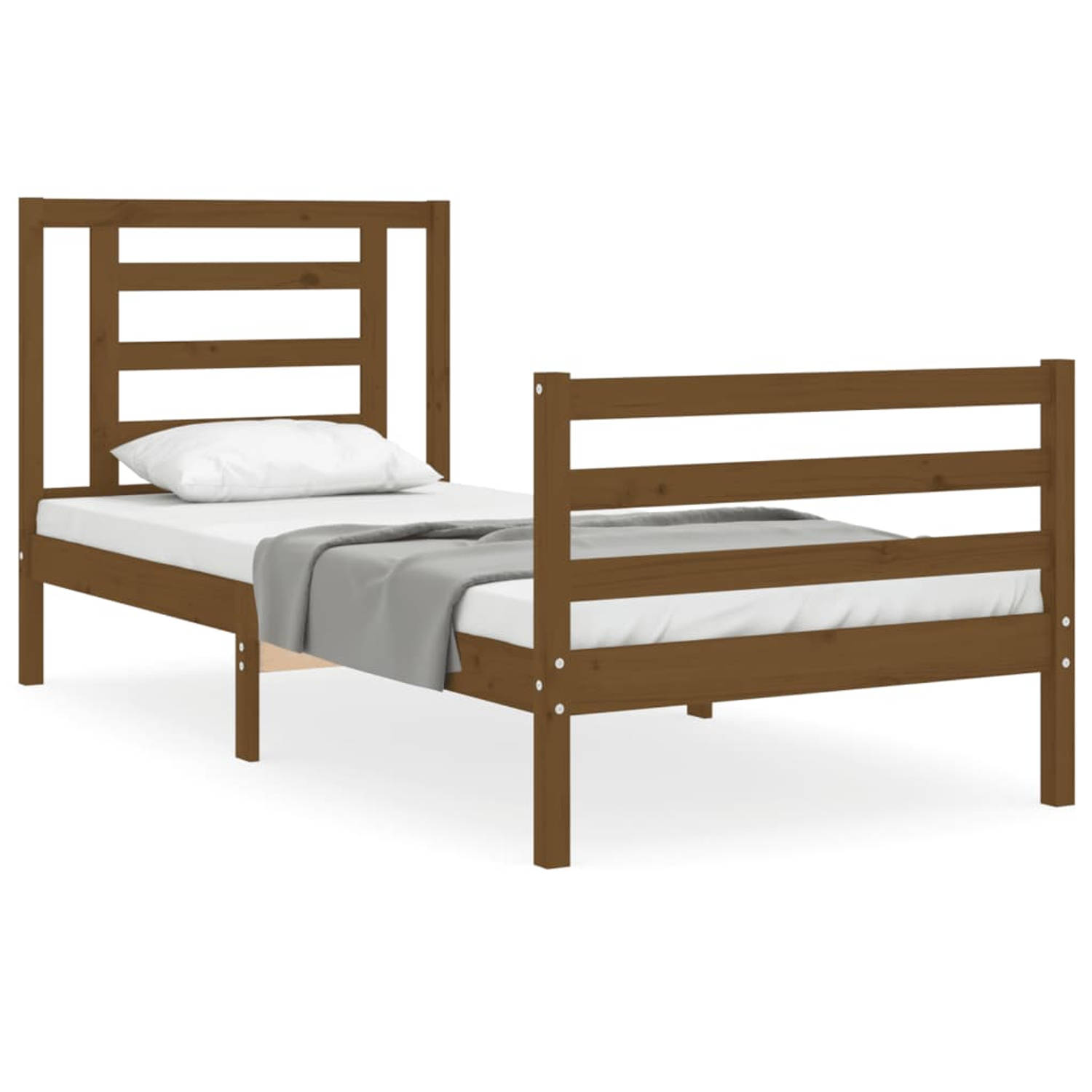 The Living Store Bedframe met hoofdbord massief hout honingbruin 90x200 cm - Bedframe - Bedframes - Bed - Eenpersoonsbed - Slaapkamermeubel - Houten Bedframe - Houten Bed - Bedbode