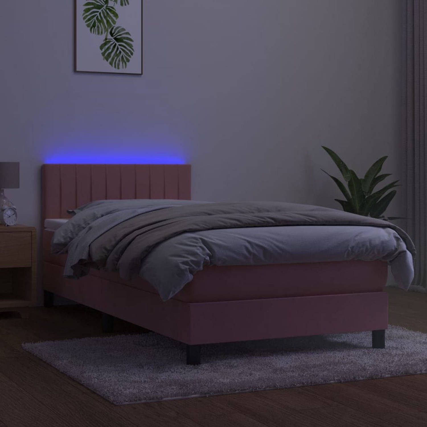The Living Store Boxspring Bed - Roze - Fluweel - 203x80x78/88 cm - Inclusief Matras en LED