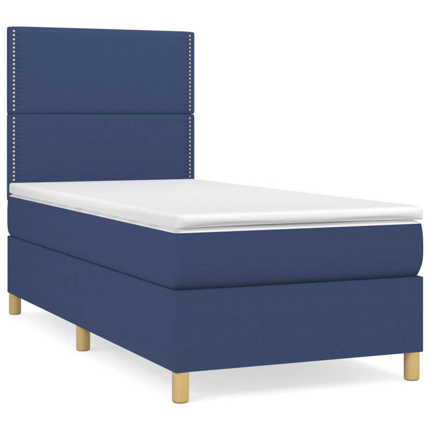 The Living Store Boxspringbed - Comfort - Bed - 203 x 83 x 118/128 cm - Blauw - Stof - Pocketvering matras - 80 x 200 x 20 cm - Wit en blauw - Schuim - Topmatras 80 x 200 x 5 cm -