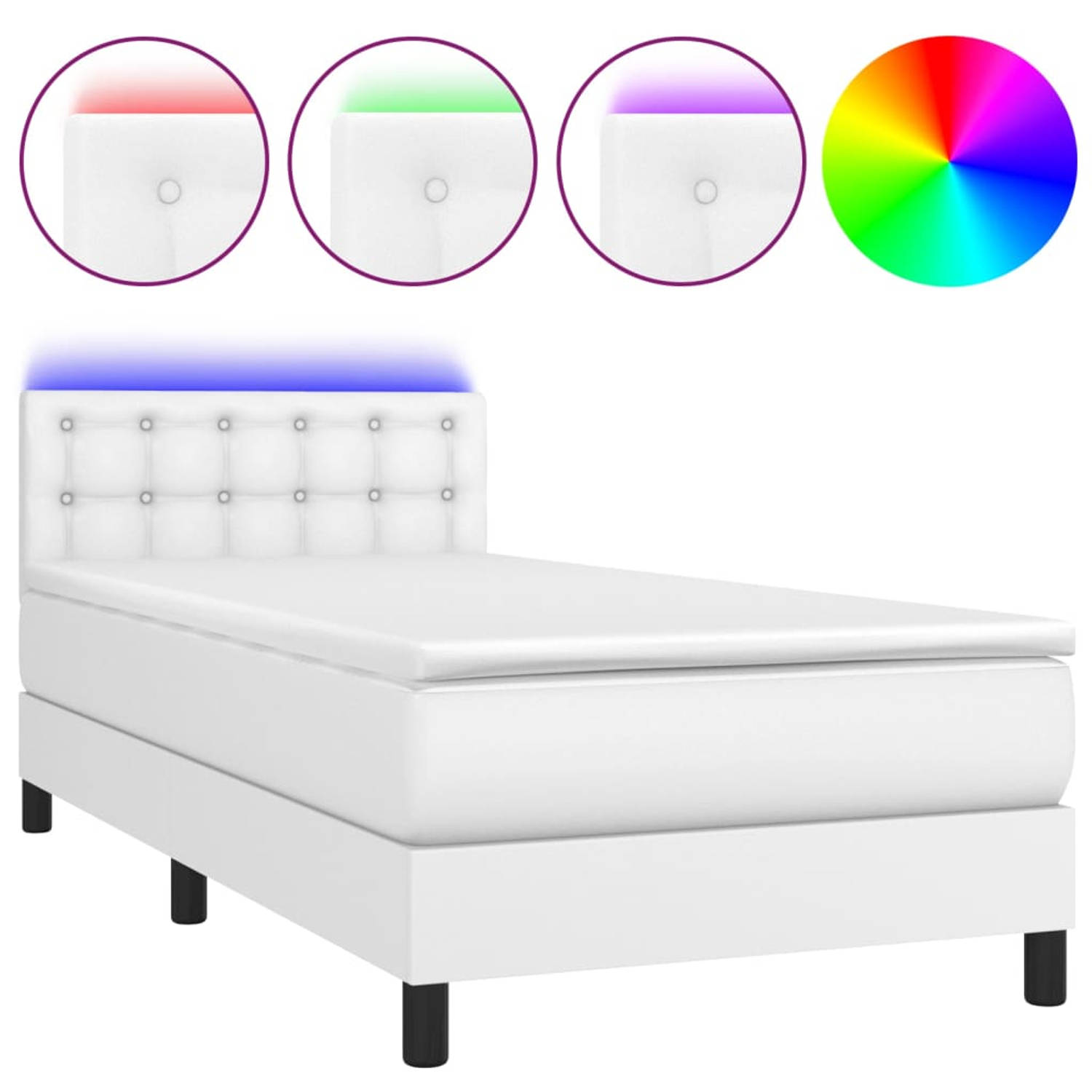 The Living Store Boxspring Bed - Kunstleren bedframe - Pocketvering matras - Huidvriendelijk topmatras - Kleurrijke LED-verlichting - 203x90x78/88 cm - Wit