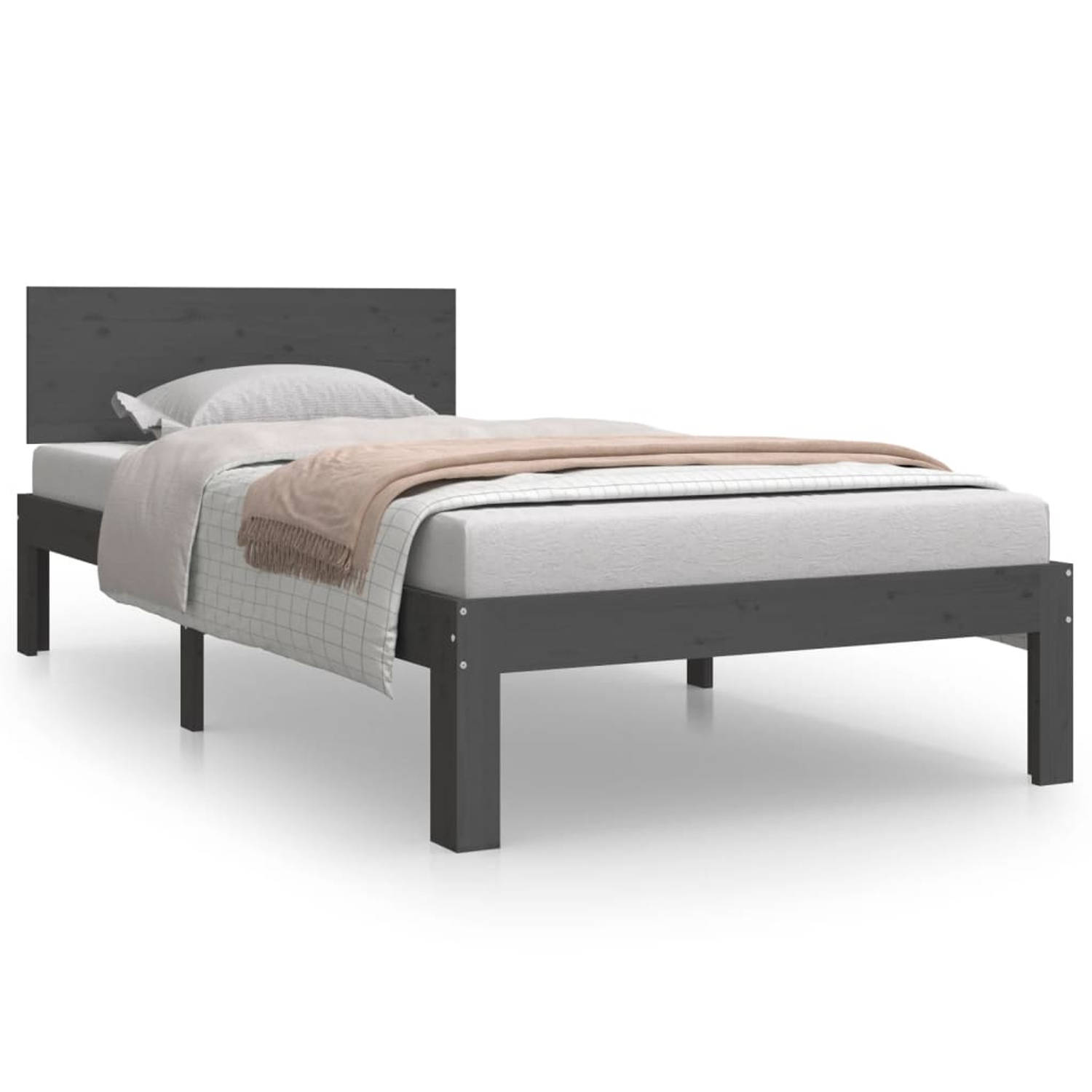 The Living Store Bedframe Grenenhout Eenpersoons - 90 x 190 cm - Grijs