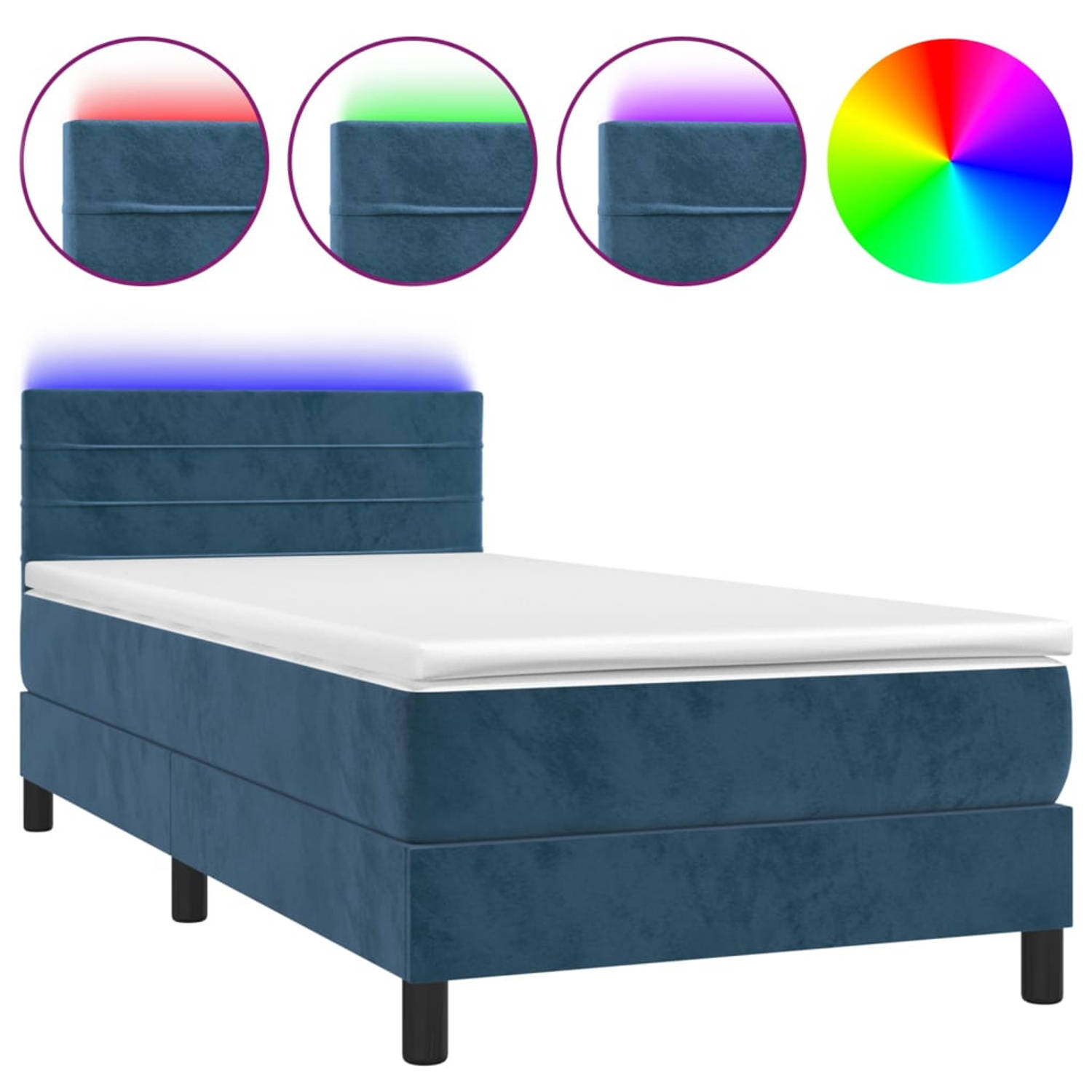The Living Store Boxspring Bed - Donkerblauw fluweel - 203x80x78/88 cm - Verstelbaar hoofdbord - Kleurrijke LED-verlichting - Pocketvering matras - Huidvriendelijk topmatras - Incl