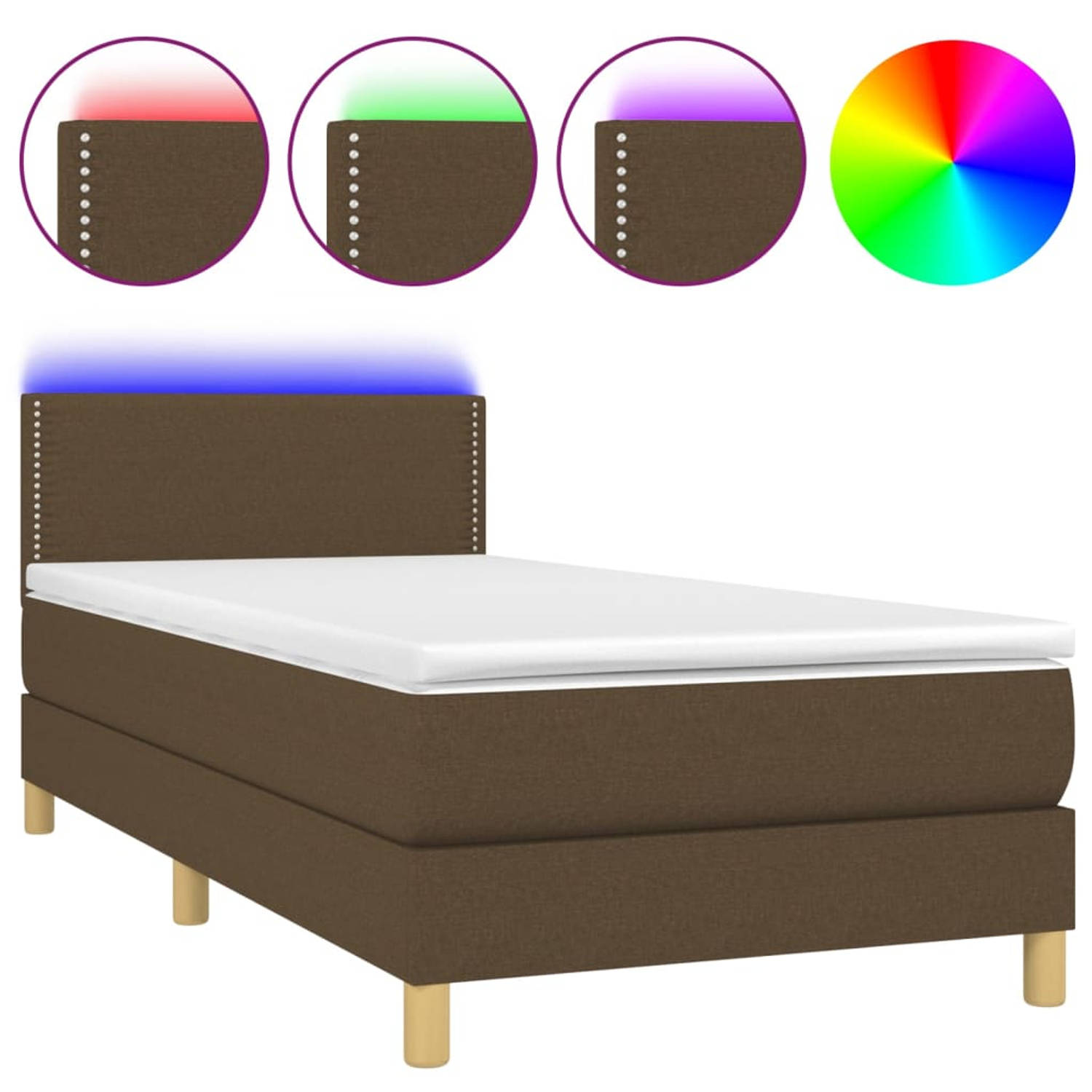 The Living Store Boxspring - Donkerbruin - 203x80x78/88 cm - Verstelbaar hoofdbord - Kleurrijke LED-verlichting - Pocketvering matras - Huidvriendelijk topmatras - Inclusief LED-st