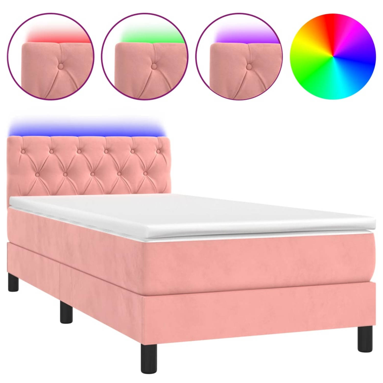 The Living Store Boxspring - Roze fluweel bed met LED - 203x80x78/88 cm - Pocketvering matras - 80x200x20 cm -