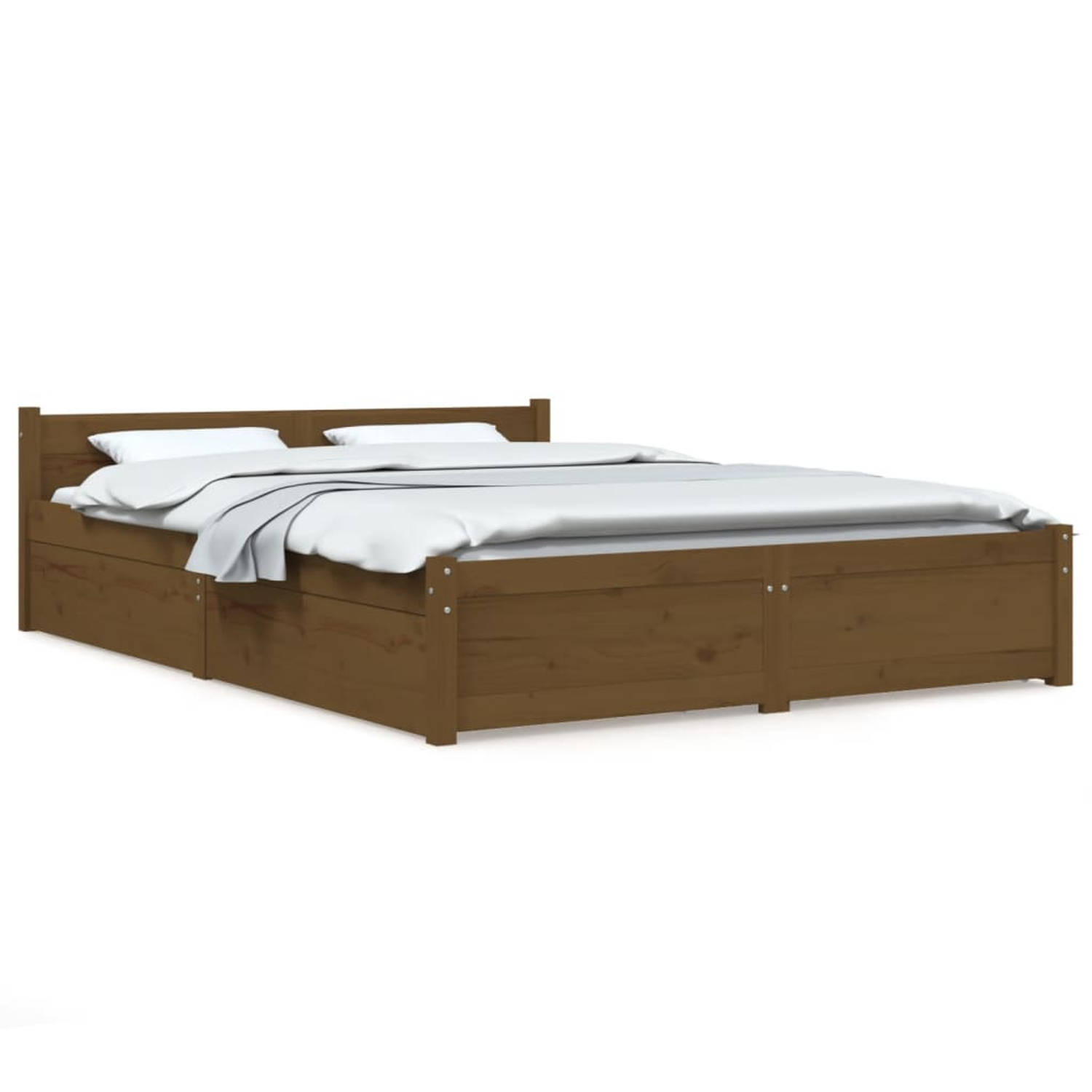 The Living Store Klassiek houten bed - Massief grenenhout - Opbergfunctie - Comfortabel hoofdeinde - Honingbruin -
