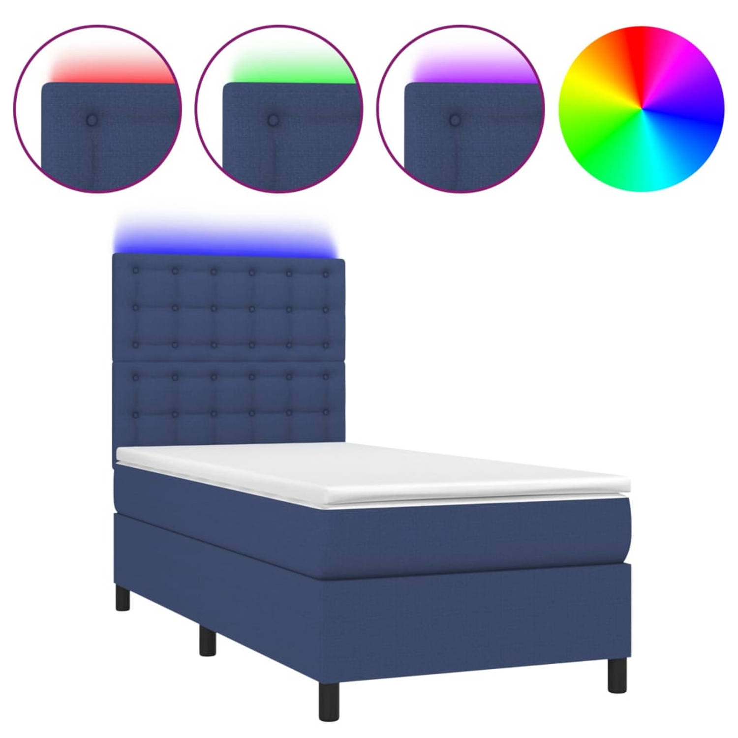 The Living Store Boxspring Bed - Blauw - 203 x 100 x 118/128 cm - Verstelbaar hoofdbord - Kleurrijke LED-verlichting - Pocketvering matras - Huidvriendelijk topmatras - Inclusief L
