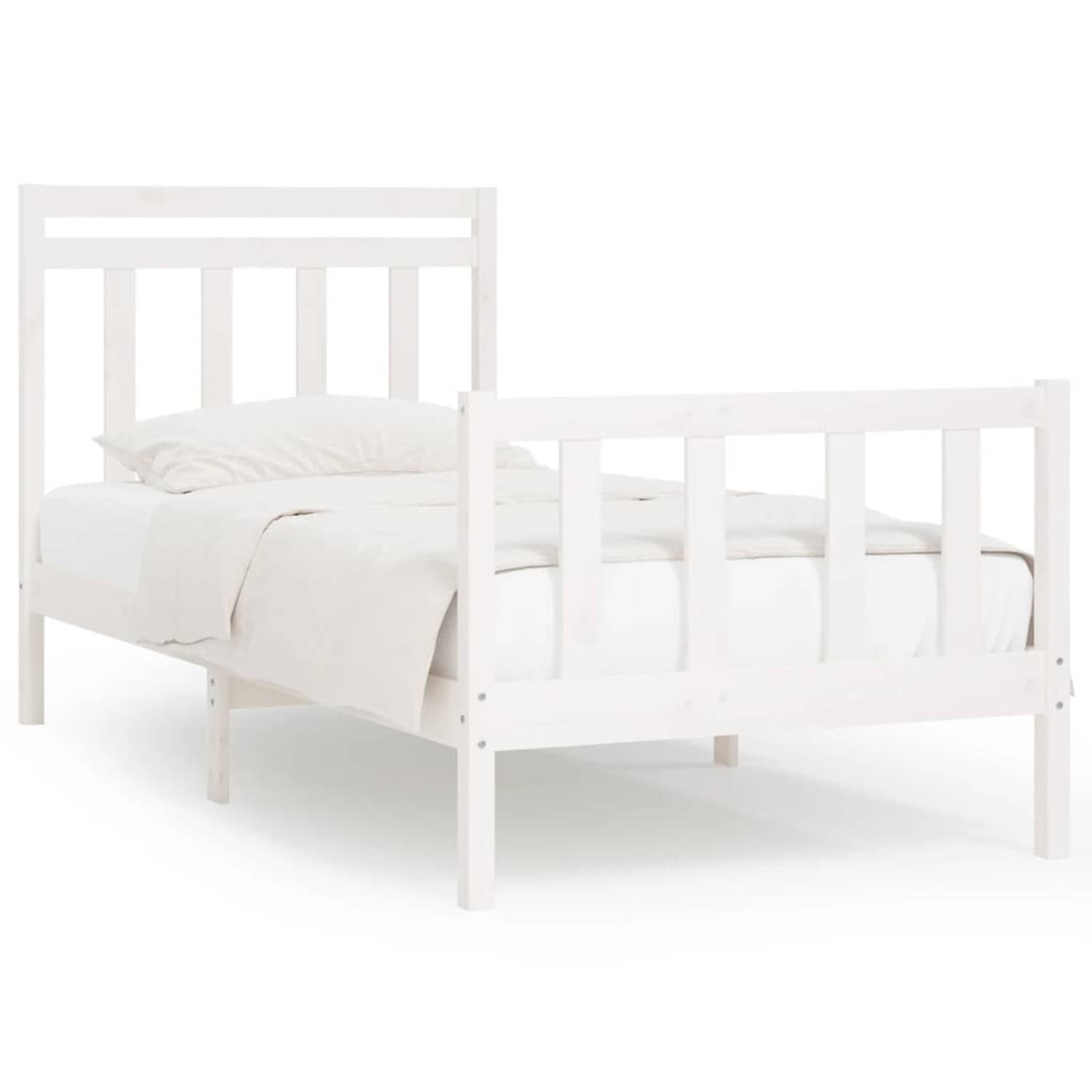 The Living Store Houten Bedframe - Klassiek - Bedden - Afmeting- 205.5 x 106 x 100 cm - Kleur- wit - Materiaal- massief grenenhout - Lattenbodem- multiplex - Geschikt voor matras-