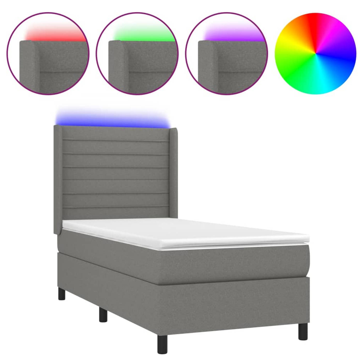 The Living Store Boxspring - Bed met LED - Donkergrijs - 203 x 93 x 118/128 cm - Pocketvering Matras - Huidvriendelijk Topmatras