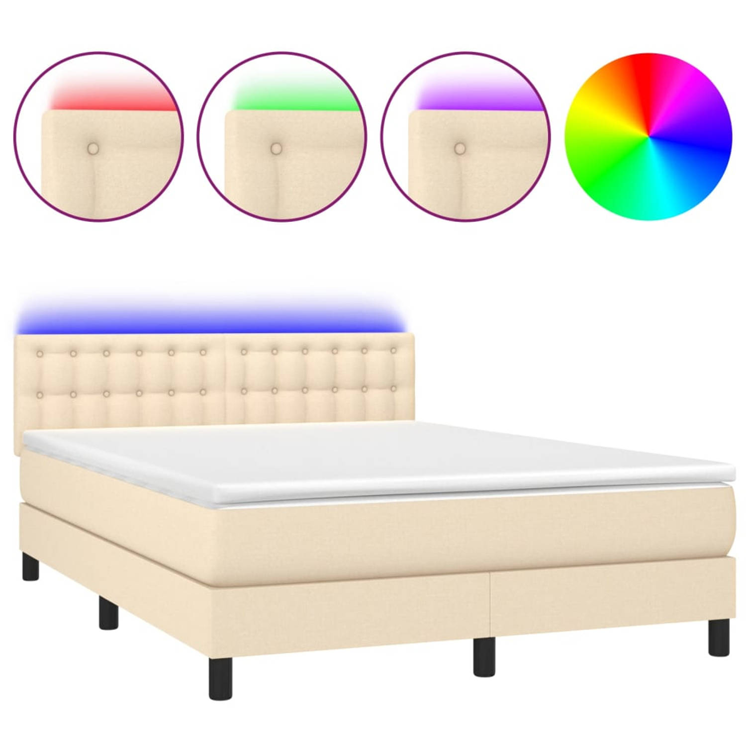 The Living Store Boxspring Bed - Crème - 203 x 144 x 78/88 cm - Verstelbaar hoofdbord - Kleurrijke LED-verlichting -