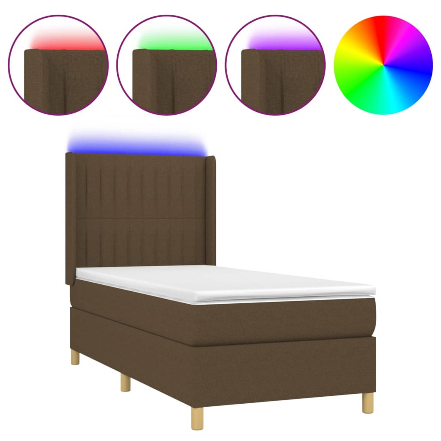 The Living Store Bed - Donkerbruin - 203 x 103 x 118/128 cm - PVC stof - Verstelbaar hoofdbord - Pocketvering matras - Huidvriendelijk topmatras - Kleurrijke LED-verlichting