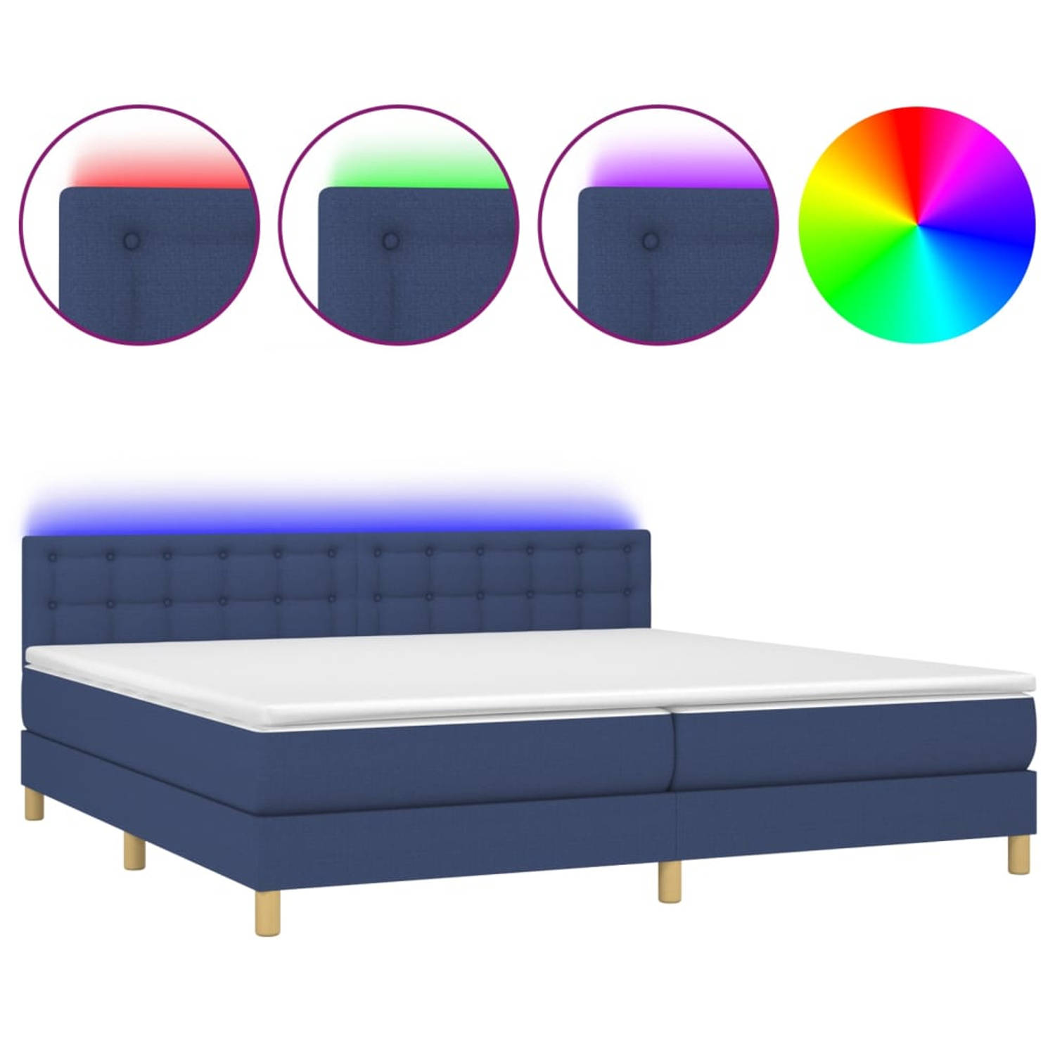 The Living Store Boxspring Bed - LED - Blauw - 203x200x88 cm - Inclusief Matras en Topmatras