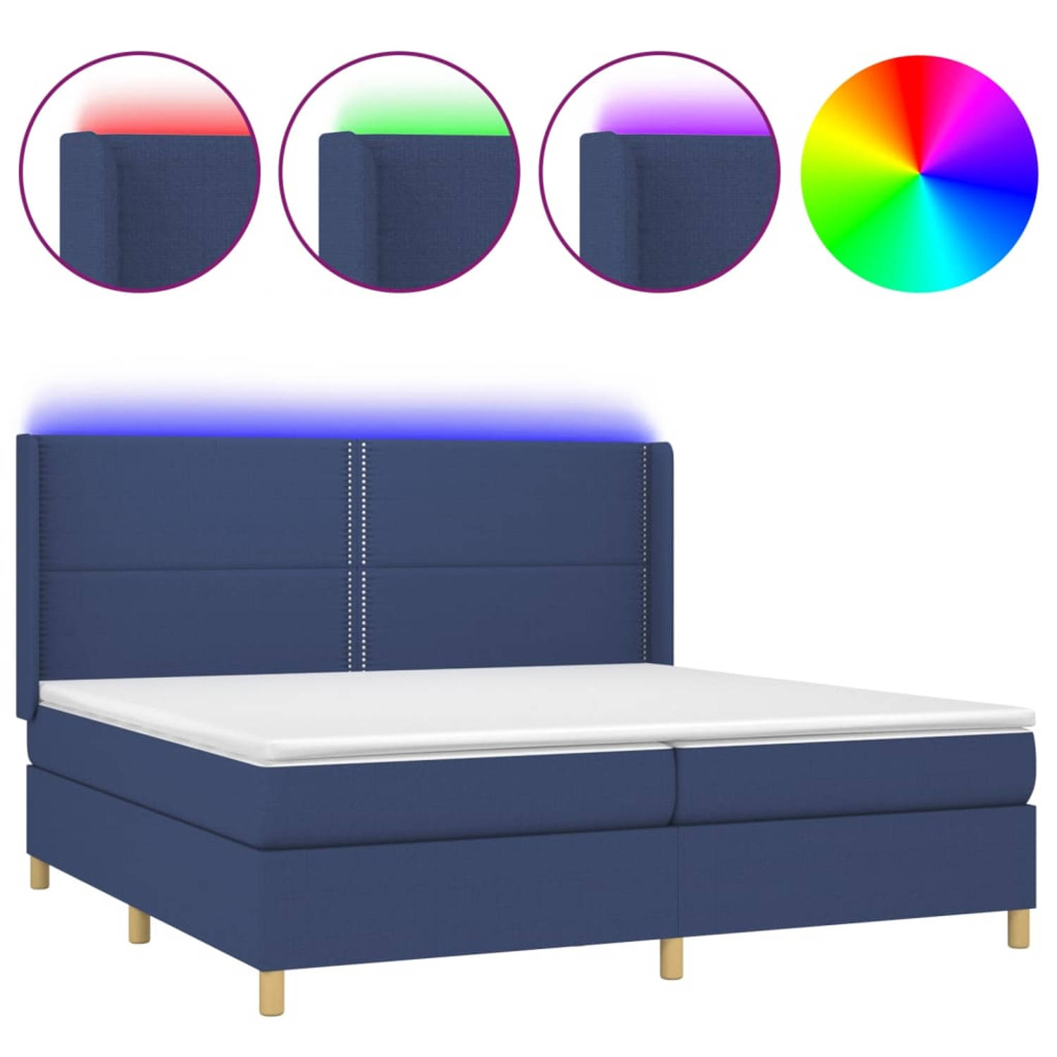 The Living Store Boxspring Bed - Blauw - 203 x 203 x 118/128 cm - Verstelbaar hoofdbord - Pocketvering matrassen - Huidvriendelijk topmatras - Kleurrijke LED-verlichting - USB-aans