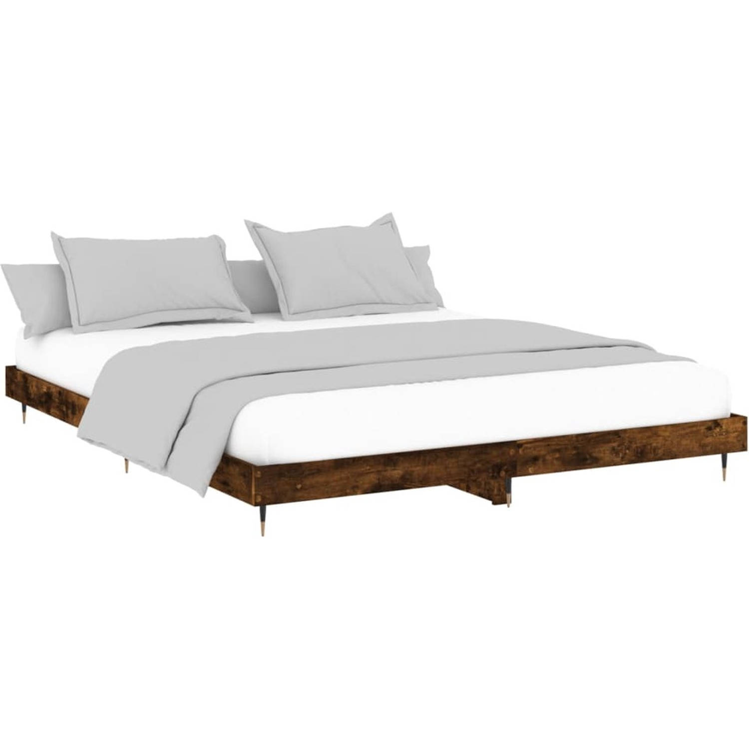 The Living Store Bedframe - Gerookt Eiken - Multiplex Lattenbodem - 203 x 143 x 20 cm - Duurzaam Hout en Stabiele Metalen Poten