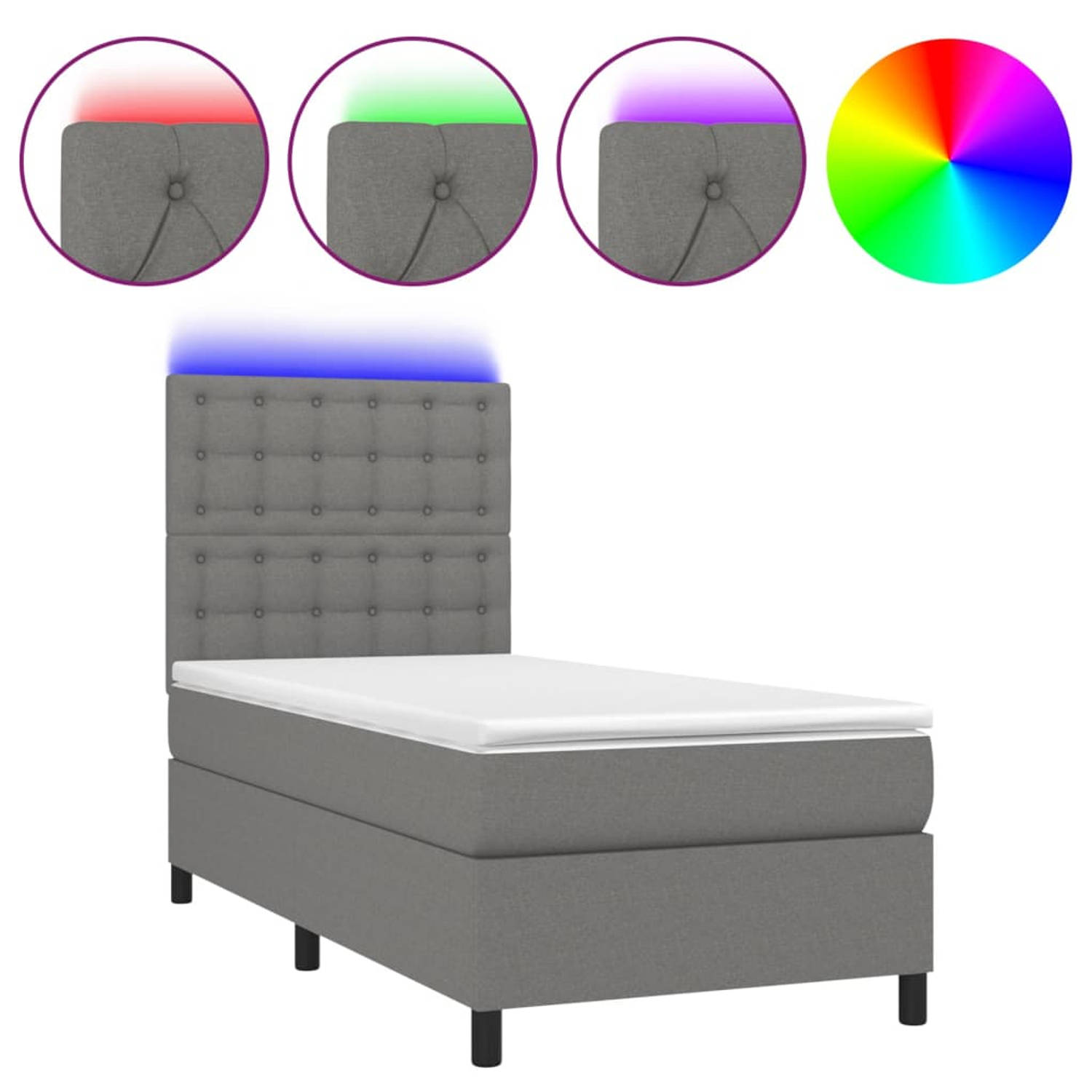 The Living Store Boxspring Bed - LED - Donkergrijs - 203x80x118/128 cm - Pocketvering matras - Huidvriendelijk