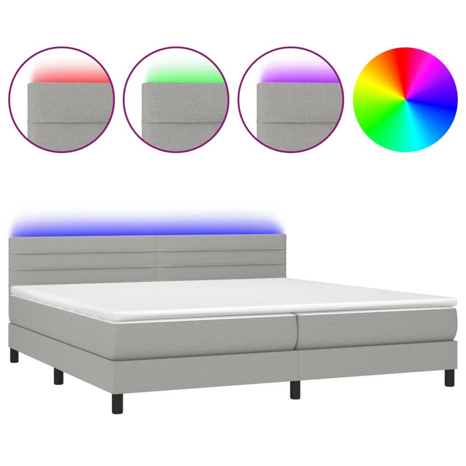 The Living Store Boxspring Bed - LED - Lichtgrijs - 203x200x78/88 cm - Pocketvering Matras - Huidvriendelijk topmatras