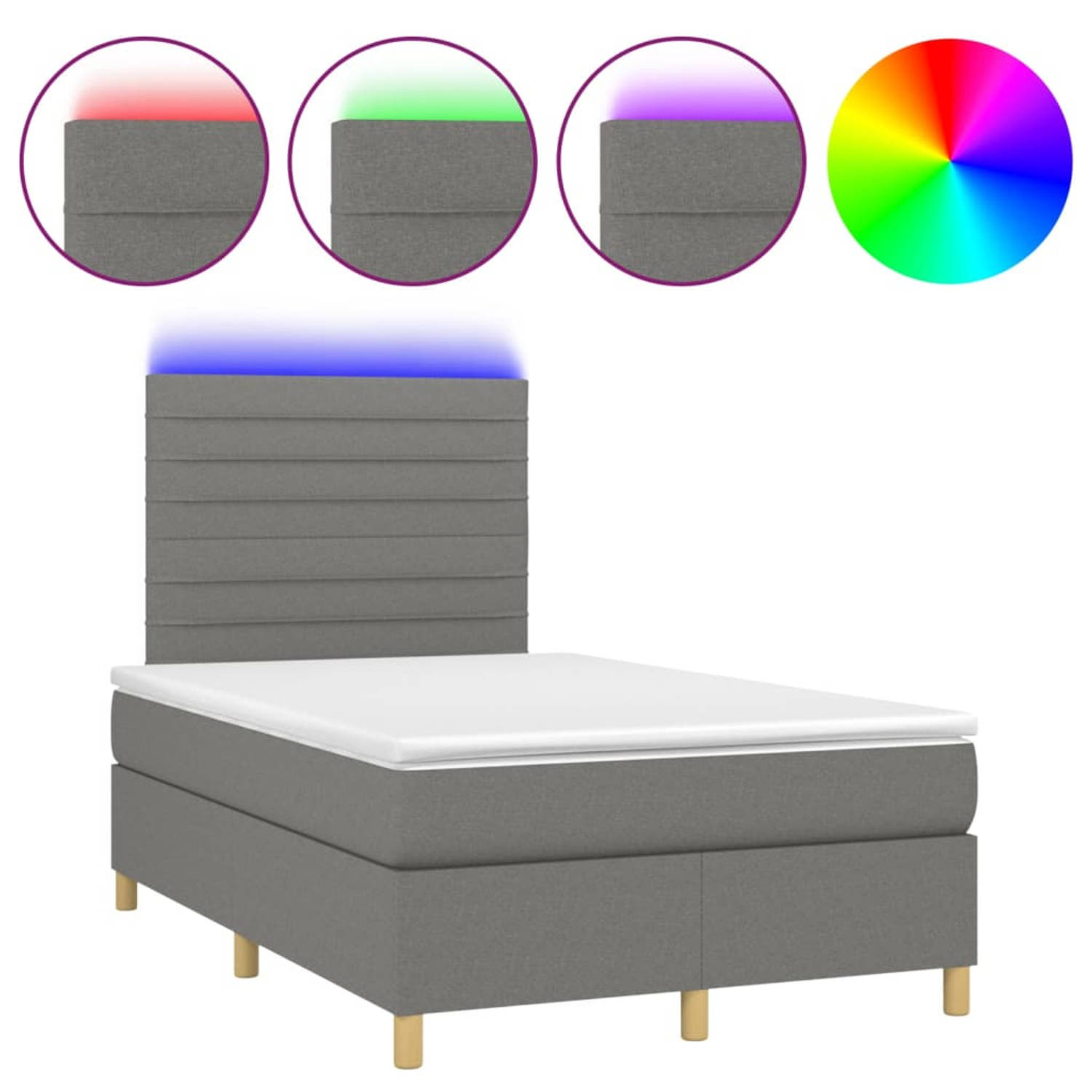 The Living Store Boxspring Donkergrijs - 203x120x118/128 cm - Verstelbaar hoofdbord - Kleurrijke LED-verlichting - Pocketvering matras - Huidvriendelijk topmatras - Met montagehand