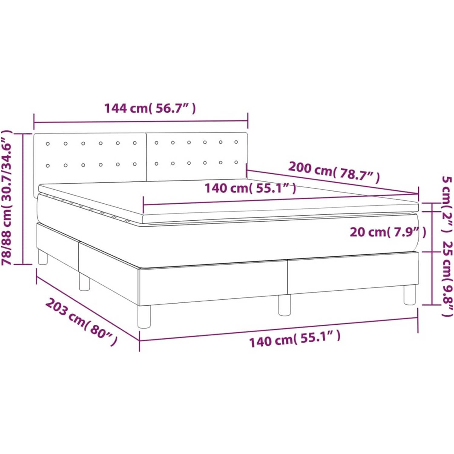 The Living Store Boxspring met matras en LED stof lichtgrijs 140x200 cm - Bed