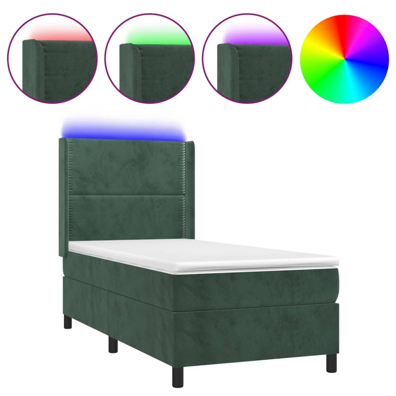 The Living Store Boxspring - Fluwelen Bed met LED en Pocketvering - 203x103x118/128cm - Donkergroen