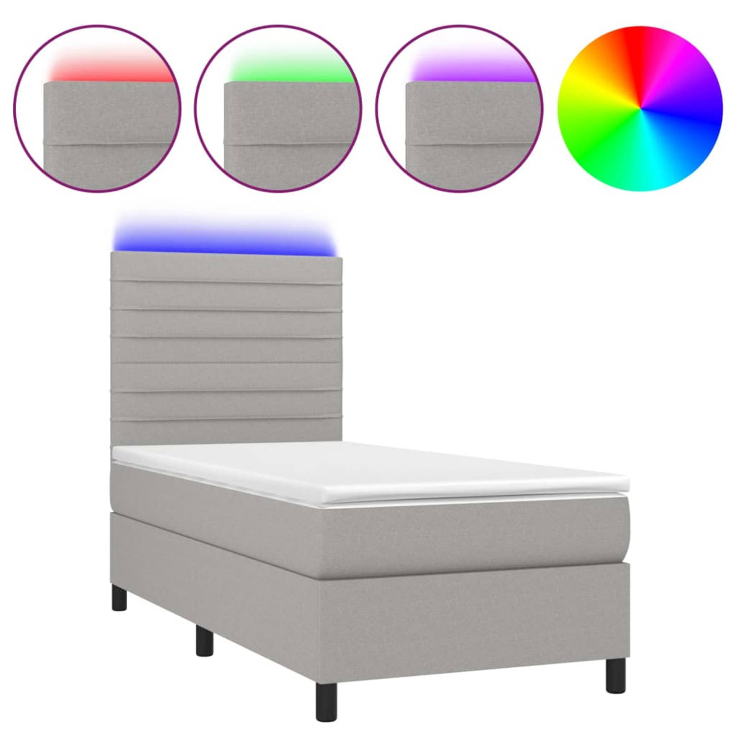 The Living Store Boxspring - LED - 203 x 80 x 118/128 cm - Pocketvering matras - Huidvriendelijk topmatras - Lichtgrijs - 100% polyester