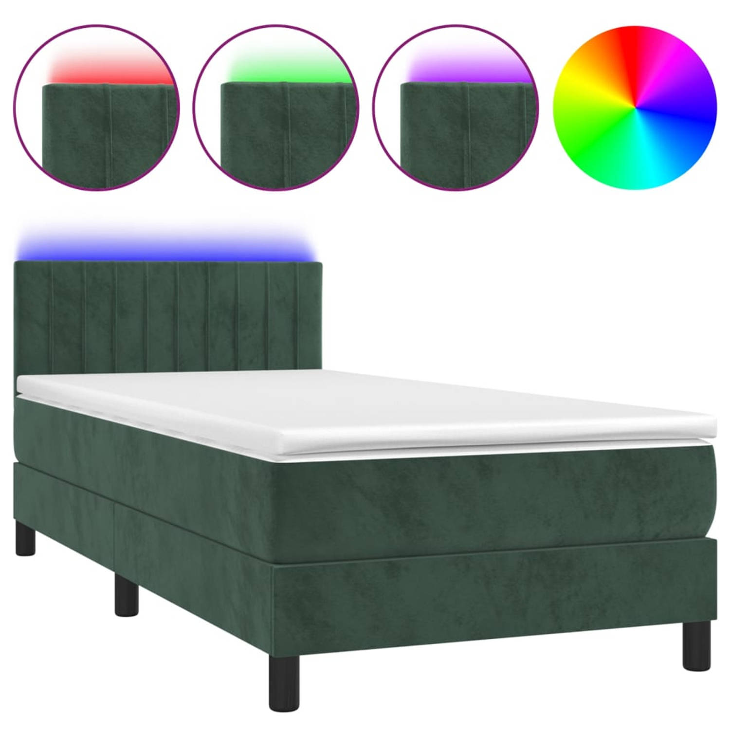 The Living Store Boxspring Bed - donkergroen fluweel - 203x80x78/88 cm - verstelbaar hoofdbord - kleurrijke LED-verlichting - pocketvering matras - huidvriendelijk topmatras