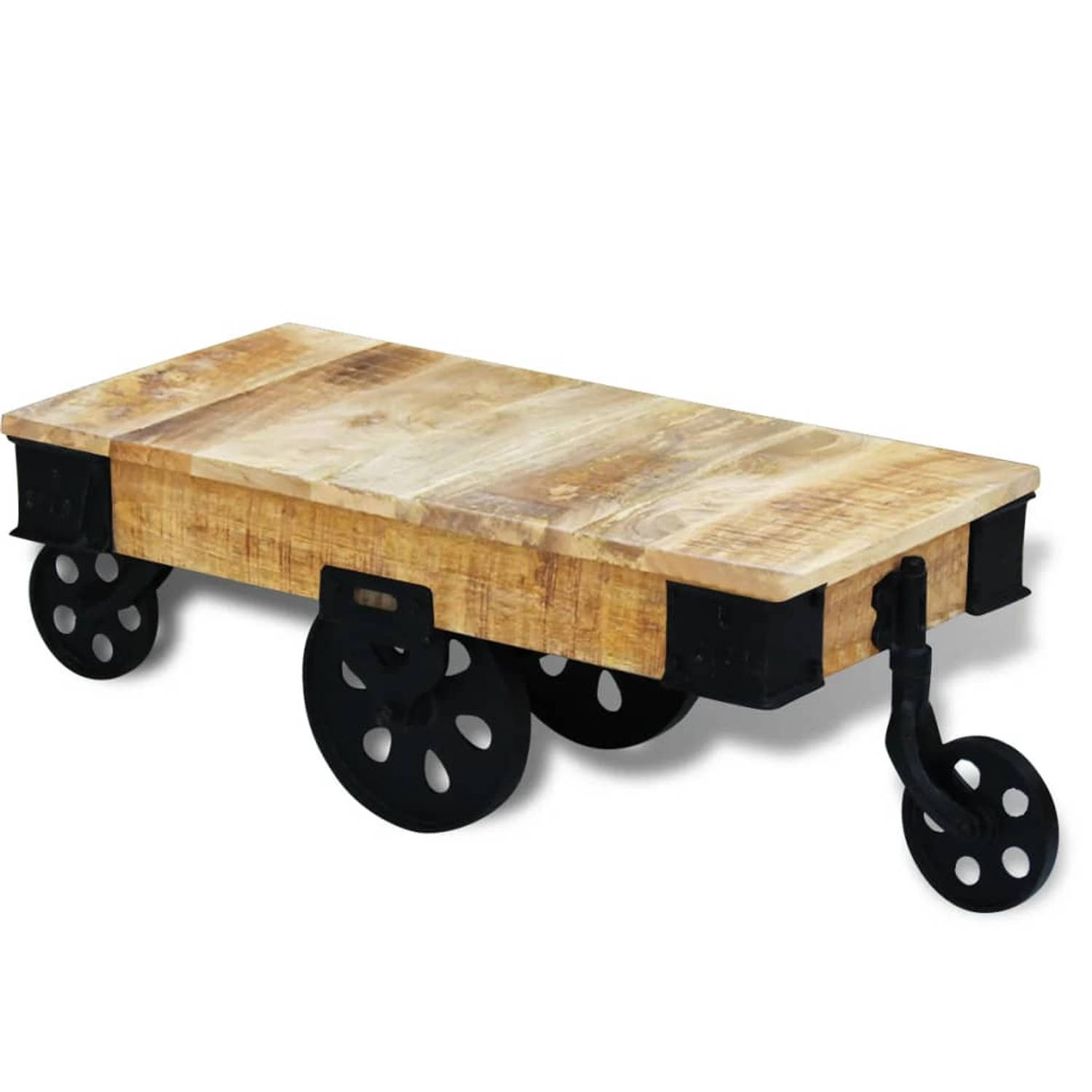 The Living Store Industriële Salontafel - 90x45x35cm - Handgemaakt - Ruw Mangohout - Met wielen