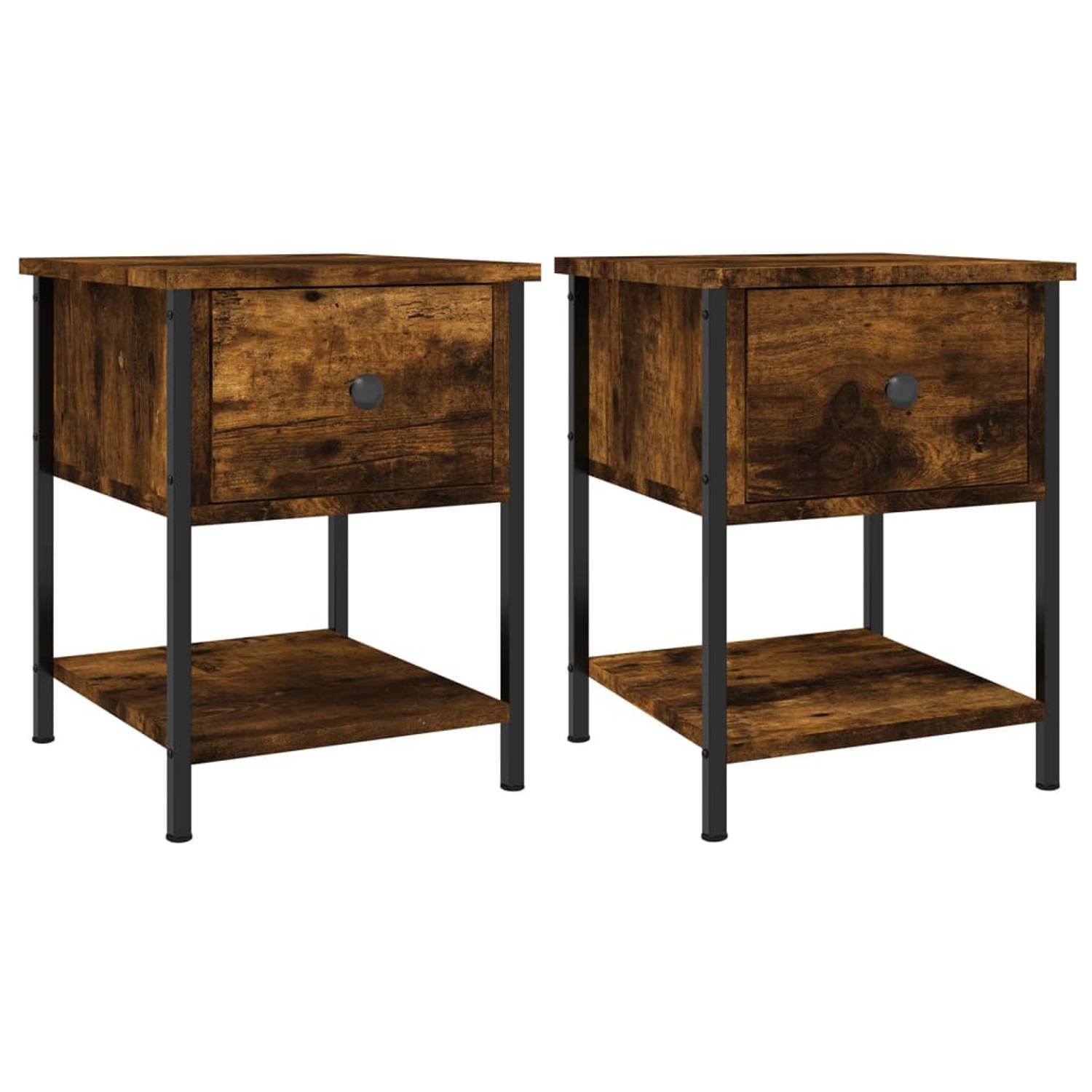 The Living Store Nachtkastjes Smoke Oak - Set van 2 - Gerookt eiken - 34 x 35.5 x 45 cm - Duurzaam hout - Stabiel metalen frame