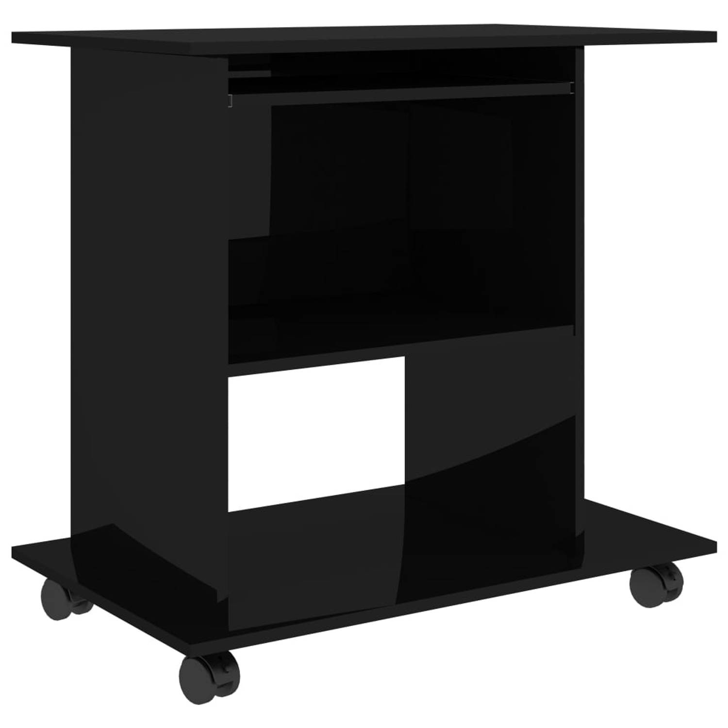 The Living Store Computertafel - Hoogglans zwart - 80 x 50 x 75 cm - Met uittrekbare toetsenbordlade - Met wieltjes - Montage vereist