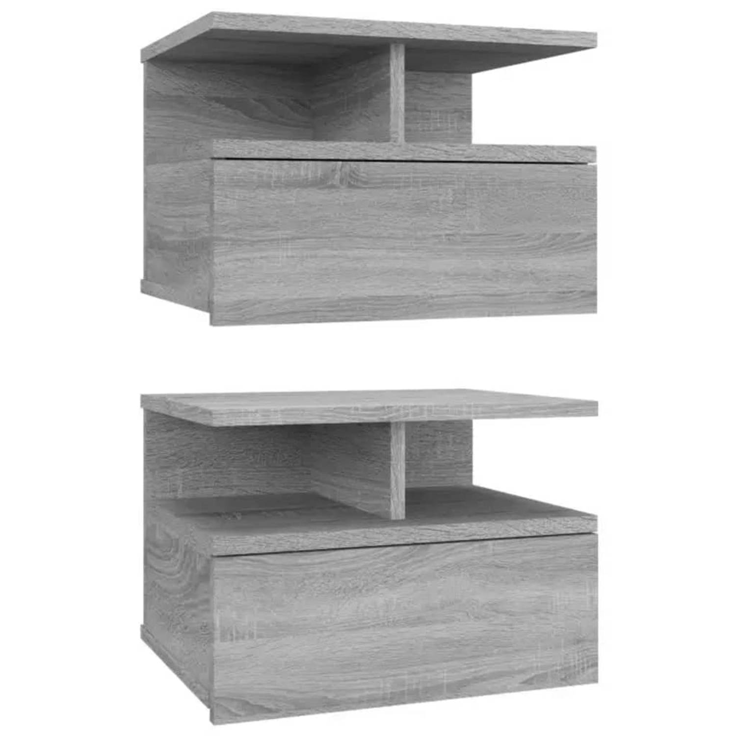 The Living Store Zwevende Nachtkastjes - Wandmontage - Compact en Ruimtebesparend - 40x31x27 cm - Grijs Sonoma Eiken - Bewerkt hout