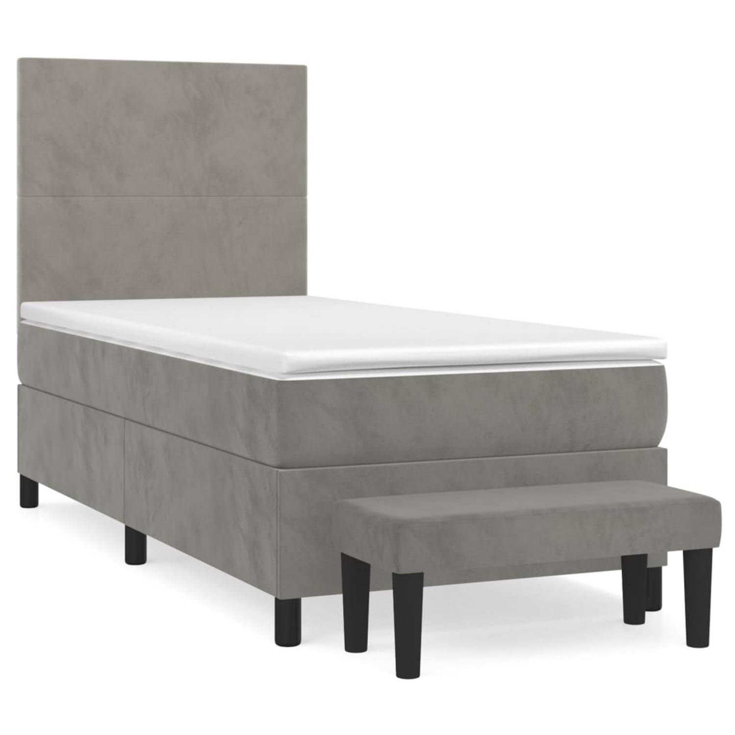 The Living Store Bed lichtgrijs fluweel - 203 x 83 cm - verstelbaar hoofdbord - pocketvering matras - middelharde ondersteuning - huidvriendelijk topmatras - multifunctioneel bankj